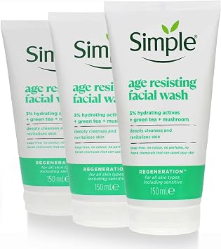 3x 150ml Simple Regeneration Age Resisting Facial Wash with Green Tea and Prebiotic Cleanser for Revived and Revitalised Skin   Bundled by Smart Cutie