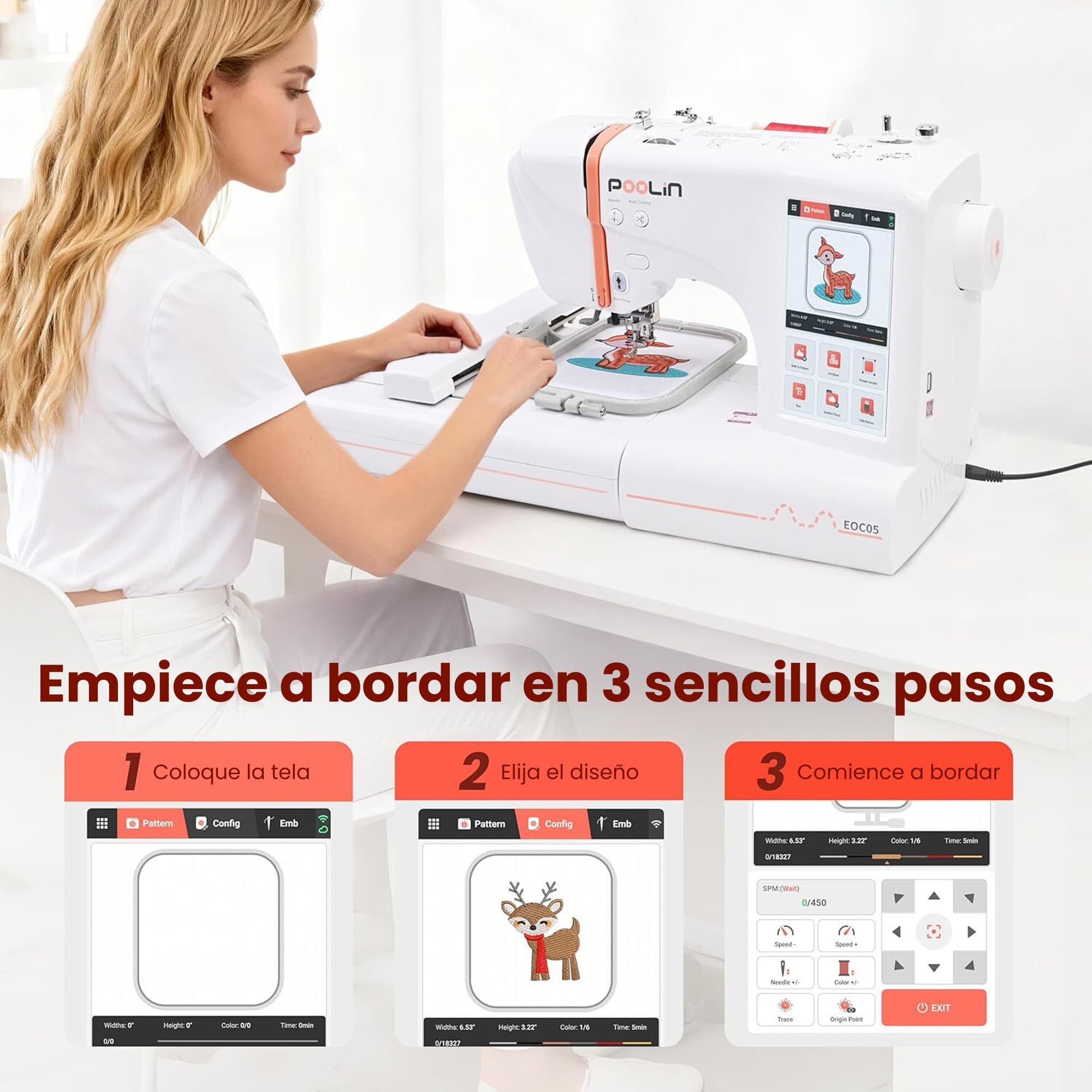 Máquina de bordar PooLin EOC05 - Máquina de bordar electrónica – Pantalla táctil LCD de 7", marcos de 10×10 cm y 10×23,5 cm, importación de motivos USB/Wi-Fi, ideal para principiantes y expertos