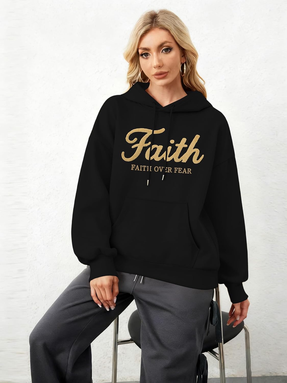 KIDDAD Faith Over Fear Hoodie Christian Sweatshirts Women Embroidered Religious Sayings Sweater Bible Pullover Tops