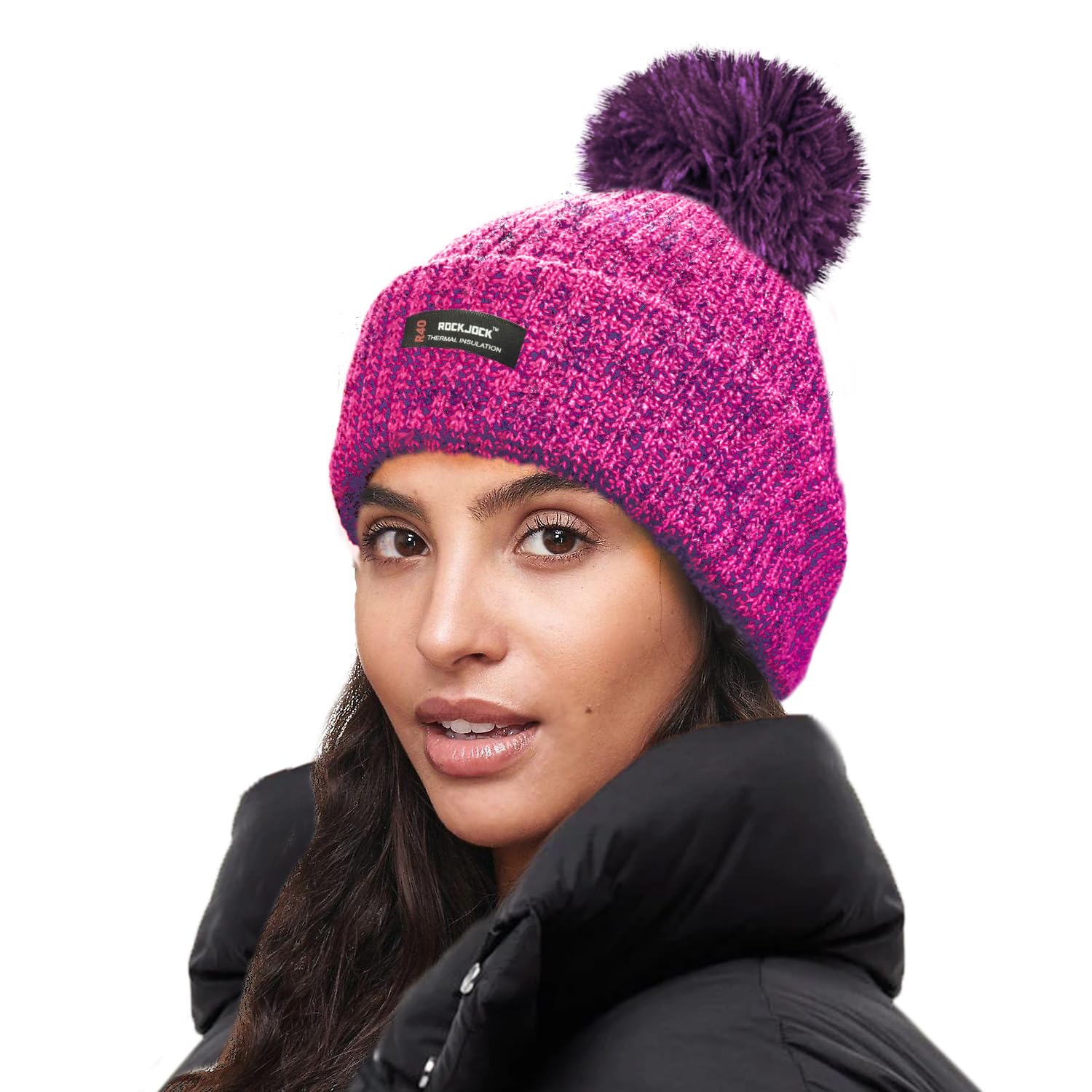 RockJock R40 Thermal Insulation Ladies Marl Melange Bobble Hat with Fleece Lining-Cerise