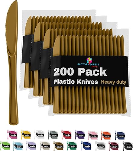 Exquisite Party Solids - Cuchillos de plástico dorado, 200 piezas, utensilios desechables, juego de cubiertos de alta resistencia, cubiertos para