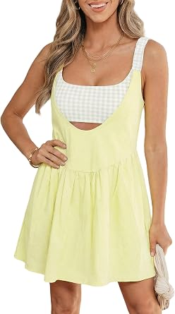 Women Faux Two Piece Patchwork Plaid Tennis Mini Dress with Built-in Short