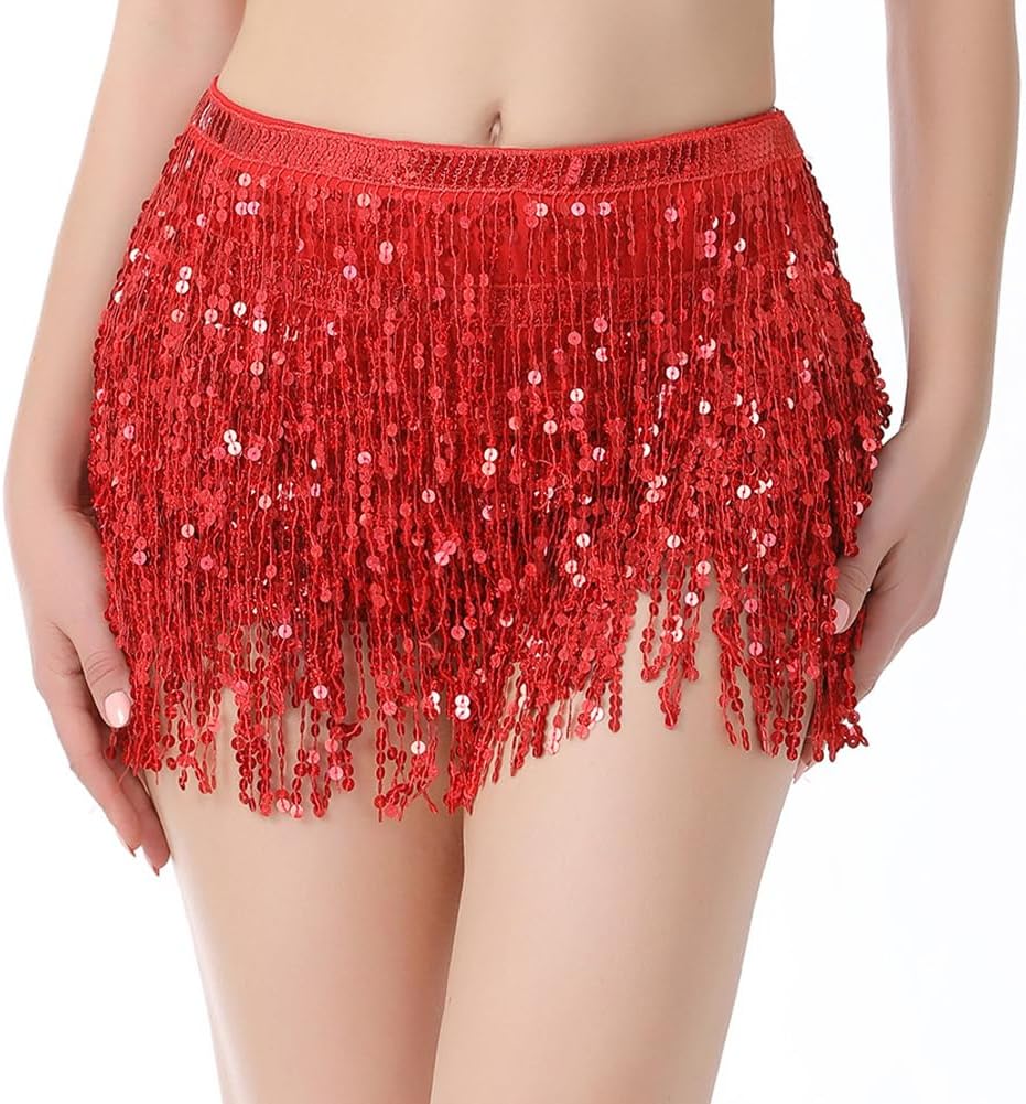 GORGECRAFT Sequin Belly Dance Hip Scarf Tassel Skirt Wrap Fringe Skirt Red Sparkly Rave Costume for Women Mardi Gras Yoga Belly Dancing Festival Clothing Halloween Party 91.34inch/232cm