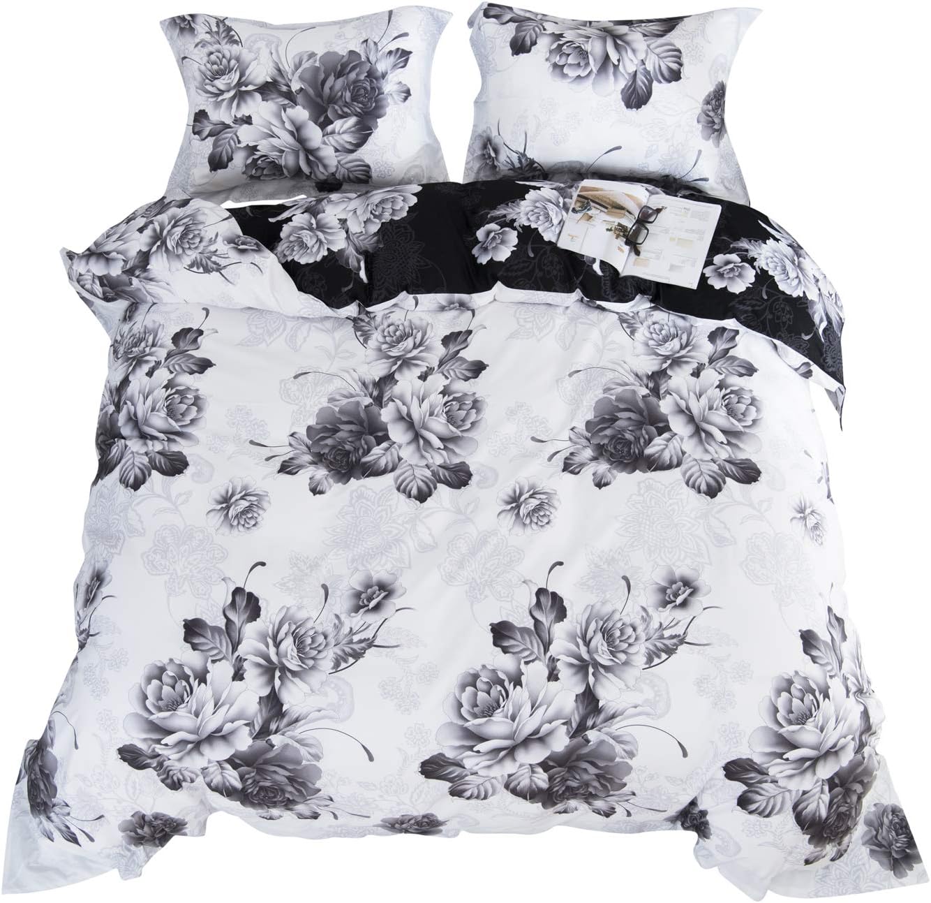 jieshiling Cotton Floral Duvet Cover Set King Retro Flowers Bedding Set Zipper Closure (King, White)