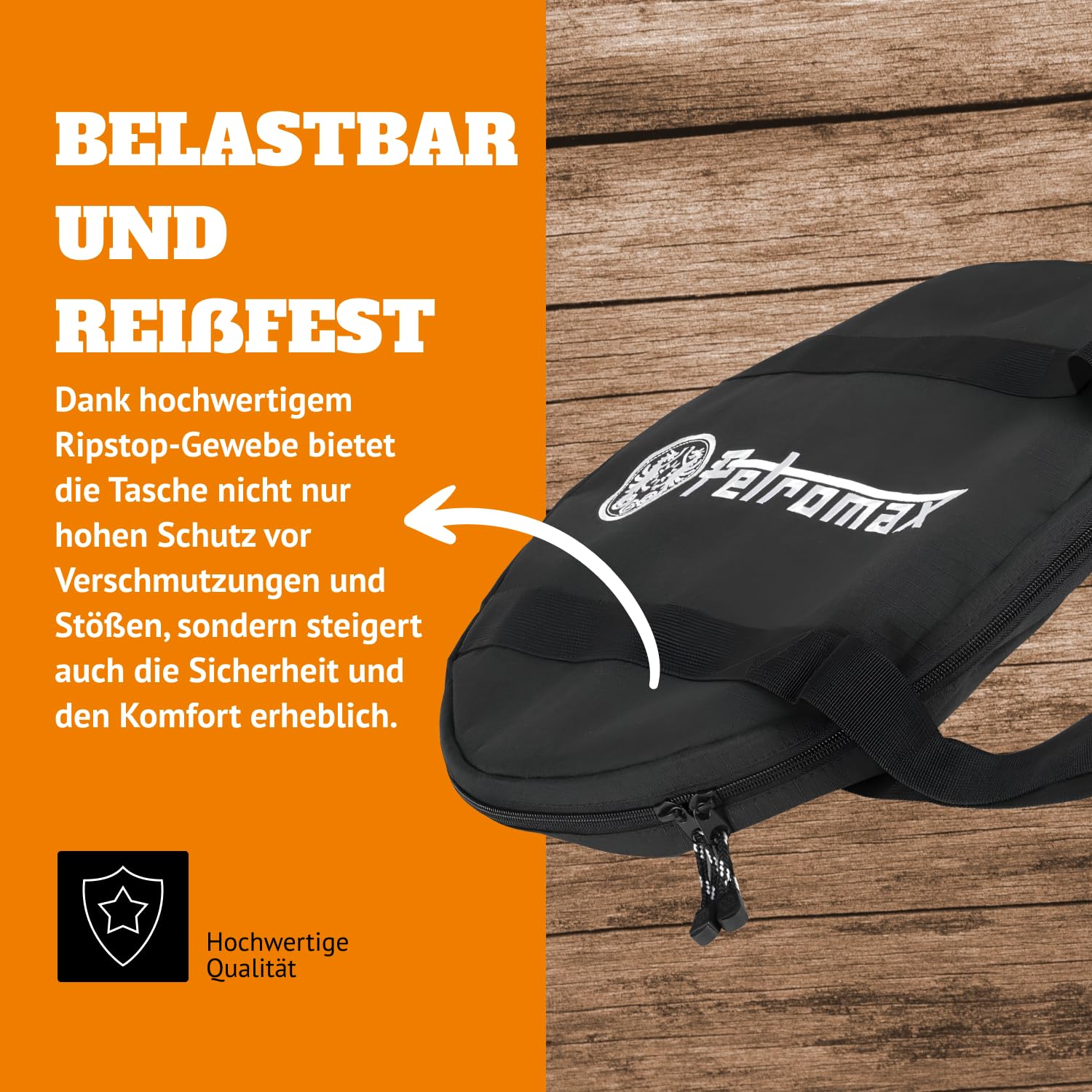 Petromax Transporttasche für Feuerpfanne FP35 - Aufbewahrungstasche aus Ripstop-Gewebe für gusseiserne Pfanne - mit Henkeln, Reißverschlusstasche und Netzeinschubtaschen für Zubehör - Schwarz
