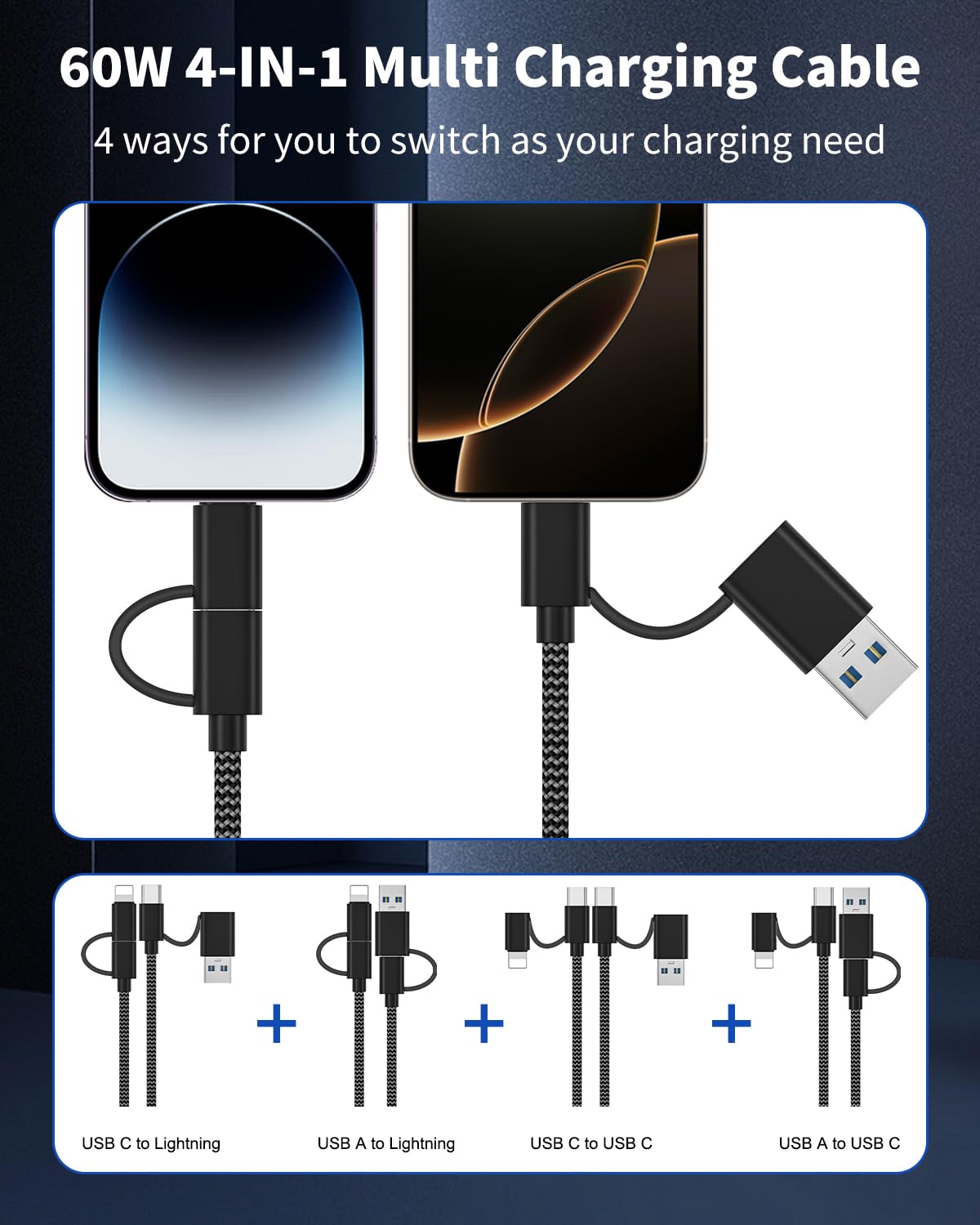 SDBAUX Multi Cavo di Ricarica 3A, Cavi 4 in 1 Retrattile con 2iP Micro USB Tipo C Ricarica