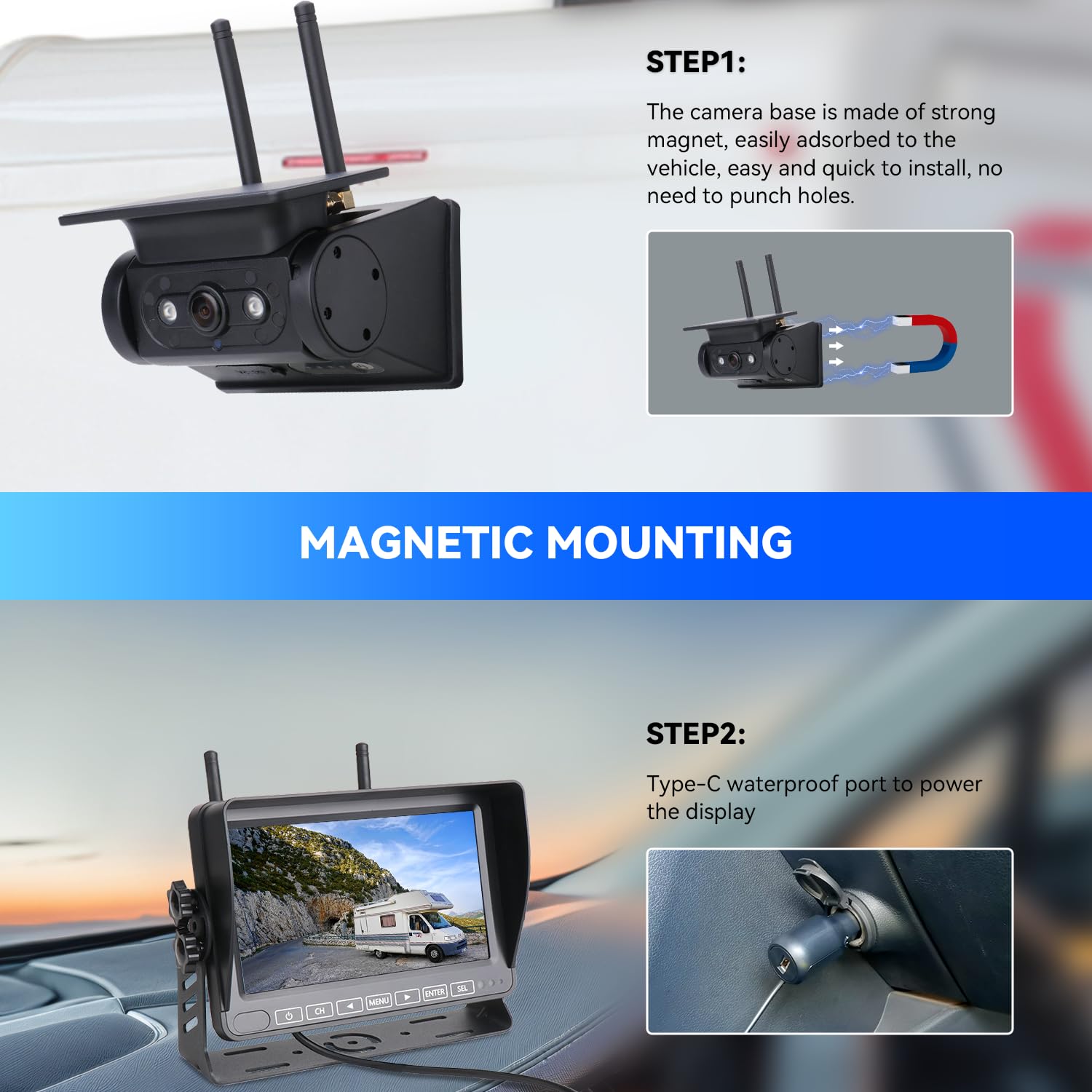 Telecamera Di Retromarcia Solare Wireless Con Monitor 7" - Batteria 9600 MAh, Magnete E Impermeabile IP68K