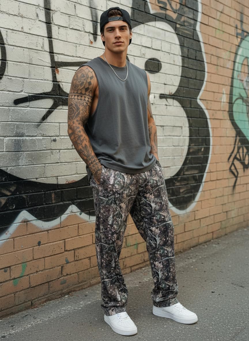Men's Camo Sweatpants Loose Fit Baggy Joggers Streetwear Workout Athletic Track Pants with Pockets