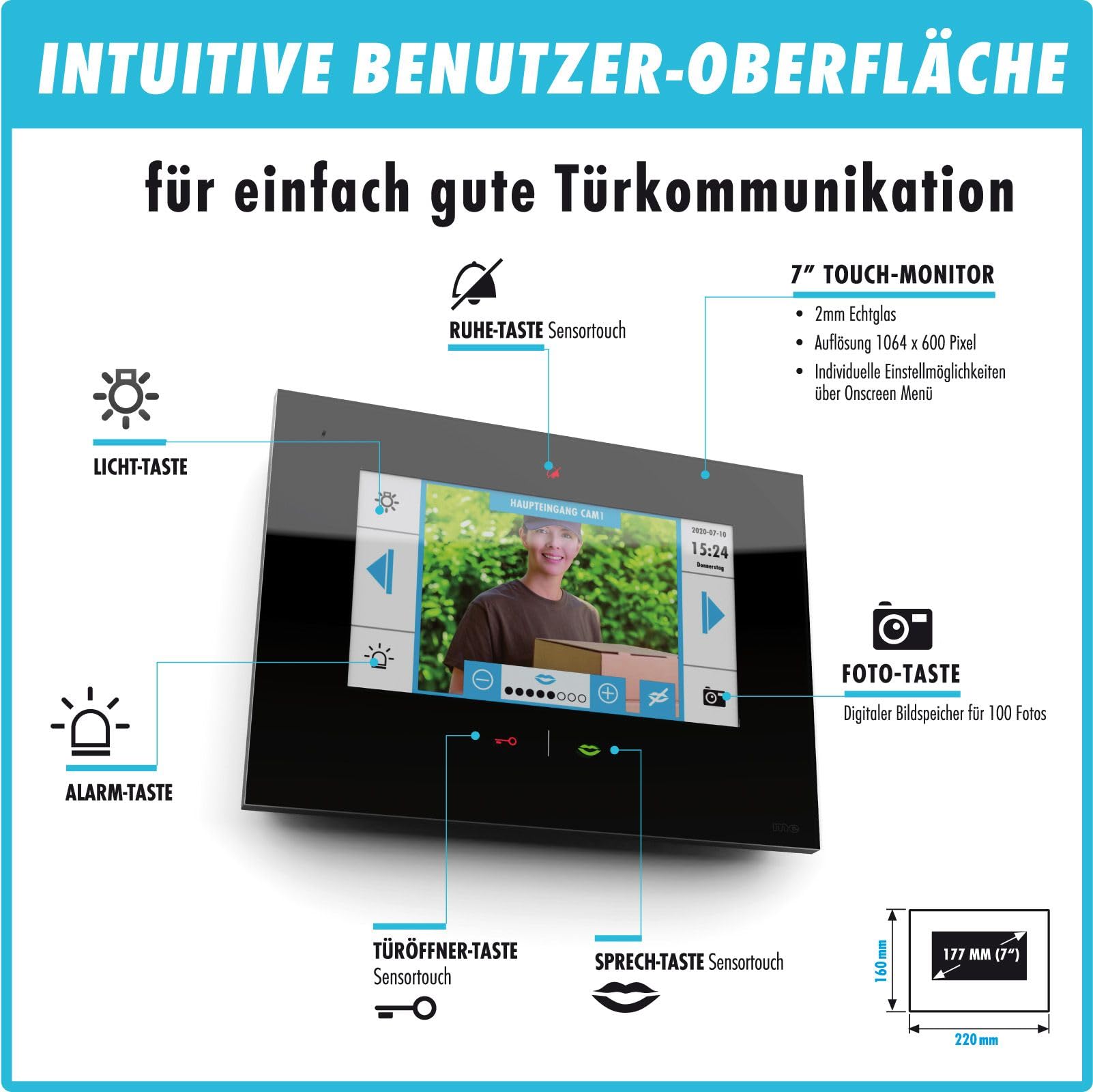 m-e Video Türsprechanlage – Sprechanlage mit Kamera für Einfamilienhaus – WLAN & App-Anbindung – 7 Zoll Touchscreen, Nachtsicht & digitaler Bildspeicher - 4 Draht (Anthrazit/Schwarz)