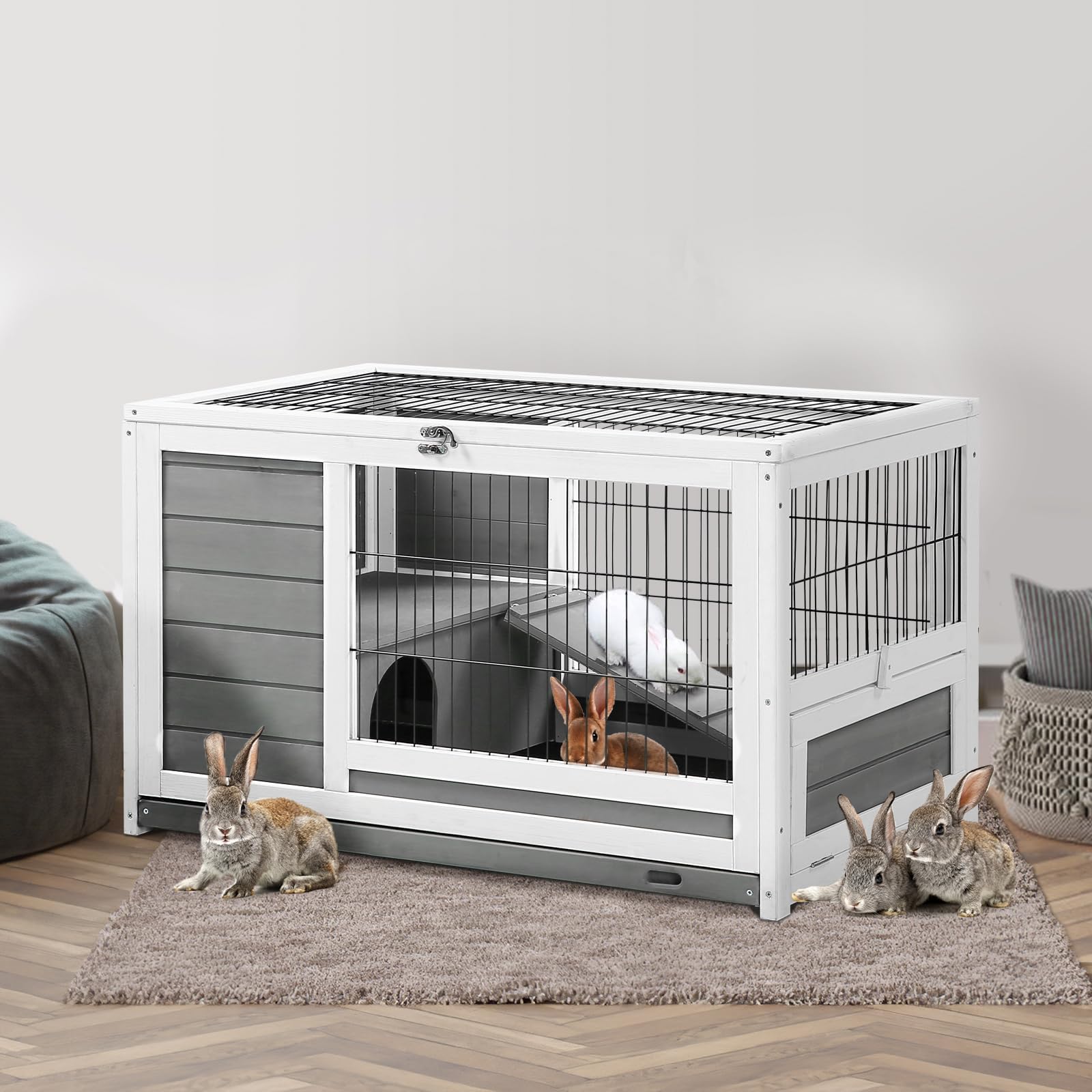YODOLLA Cage Lapin Exterieur&Intérieur,Clapier Lapin avec Toit ouvrant,Gris | Cage en Bois,Clapier en Bois,90x50x55cm,Clapier à Lapin,Plateau Amovible et Rampe