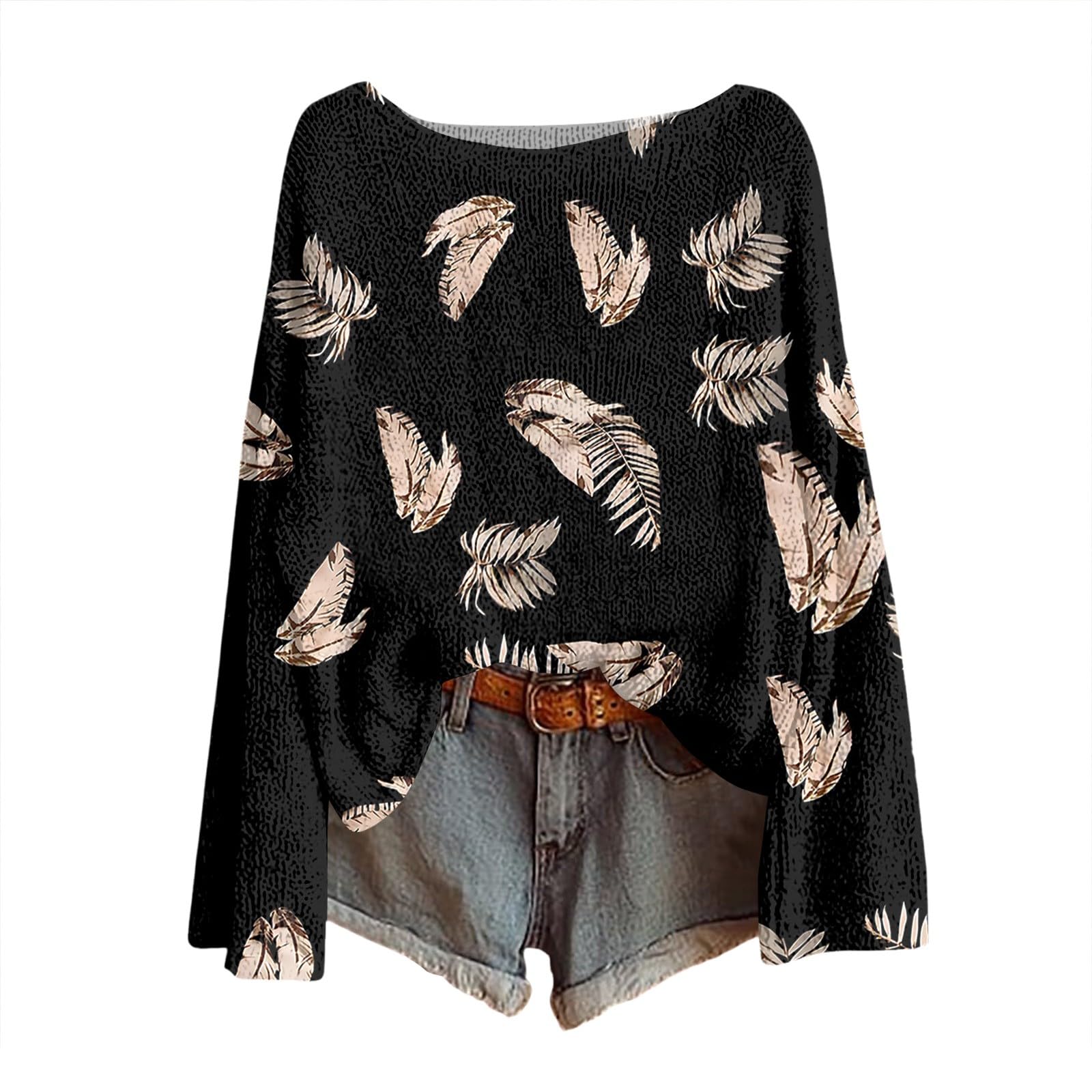 Generisch Bluse Trendiger Strickwaren Pullover für Frauen Boho Vintage Rundhals Strickpullover Damen Herbst Winter Casual Langarmshirt Floral Print Bequem Oberteil