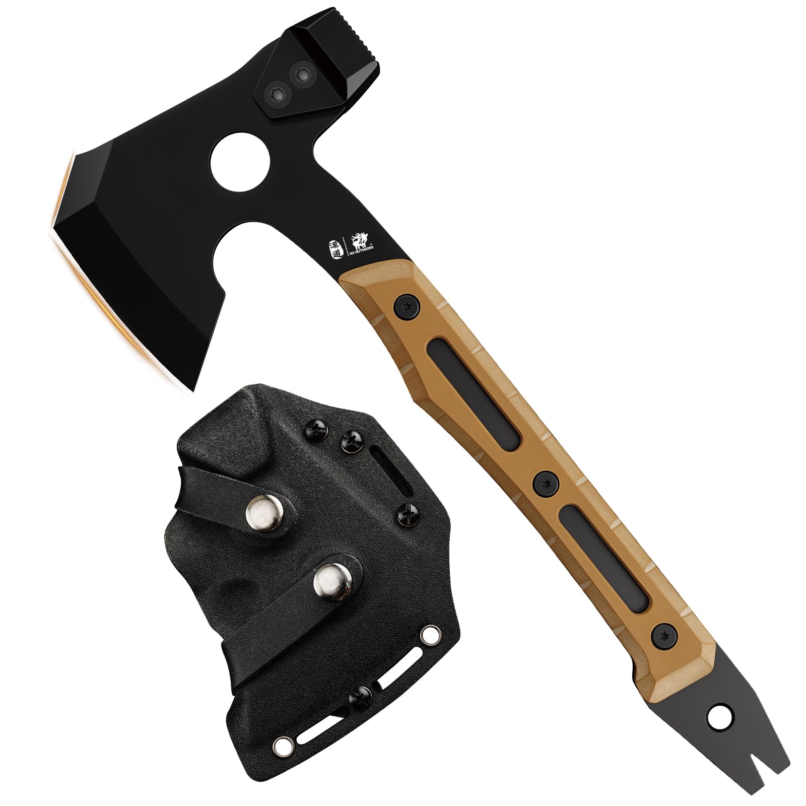 HX OUTDOORS Accetta Multifunzionale, Accetta Tattica da Sopravvivenza con Rivestimento in Titanio Nero per Campeggio e Bushcraft, Dotata di Martello e Estrattore per Chiodi (Marrone)