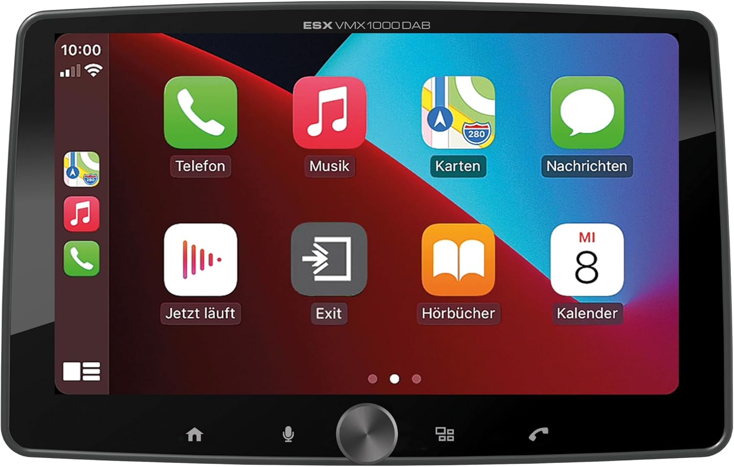 The Apple CarPlay interface displayed on the ESX Vision VMX1000DAB, showing icons for Phone, Music, Maps, Messages, Now Playing, Exit, Audiobooks, and Calendar.
