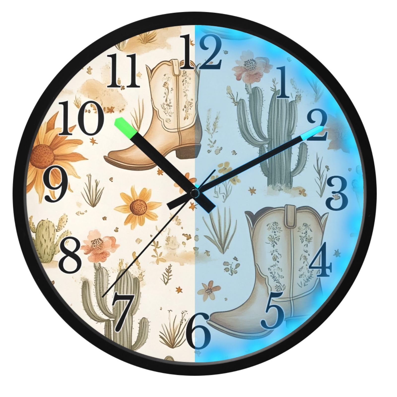Mnsruu Reloj de pared luminoso con botas de vaquero occidentales, reloj de pared bohemio con flores de cactus que brilla en la oscuridad, funciona con pilas, reloj de luz nocturna silencioso sin