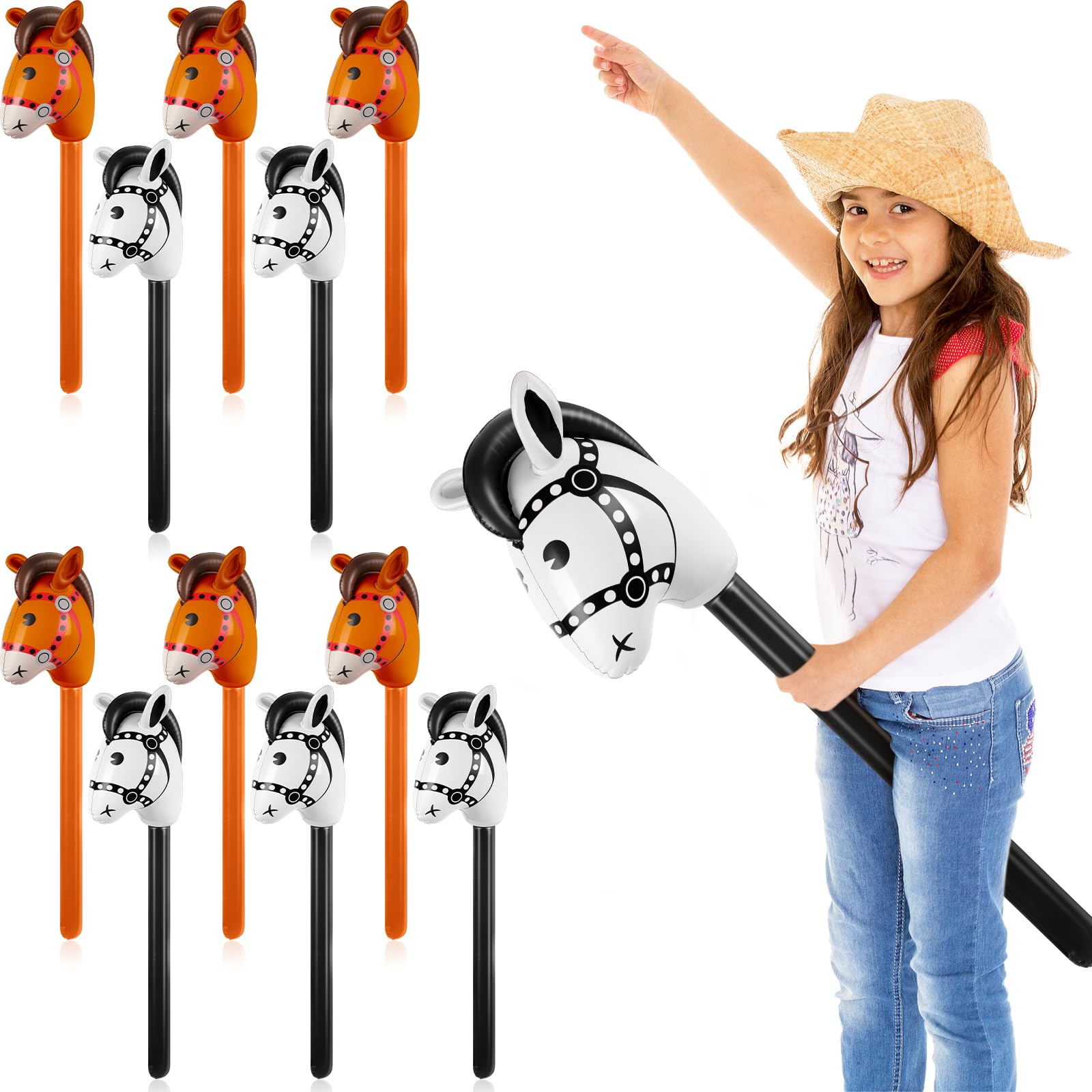 Chivao 12 Pieces Inflatable Stick Horse Cute Horse Head Stick Blow up Balloon Colorful Cowboy Cowgirl Party Decorations for Themed Birthday Party(