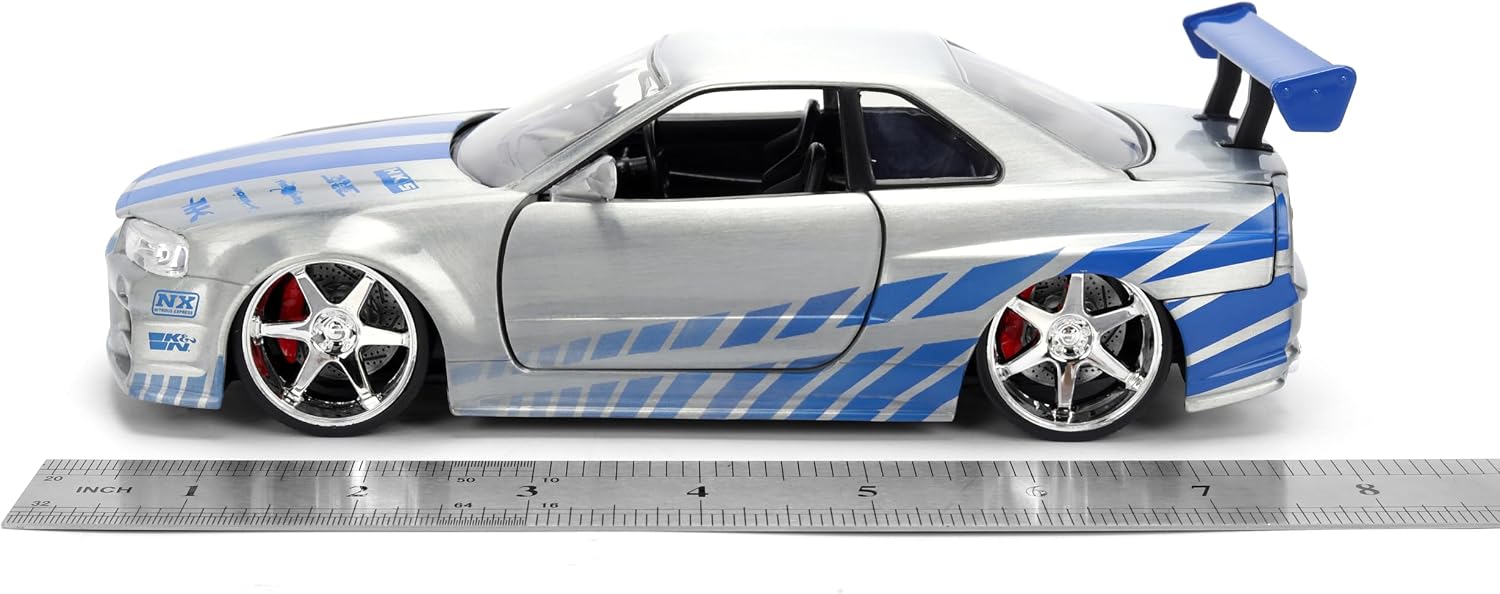 Jada Toys Fast & Furious 1:24 Scale Anniversary Edition 2002 Nissan Skyline GT-R (BNR34) Die-Cast Car with Brush Metal Finish – Collector Hobby Exclusive