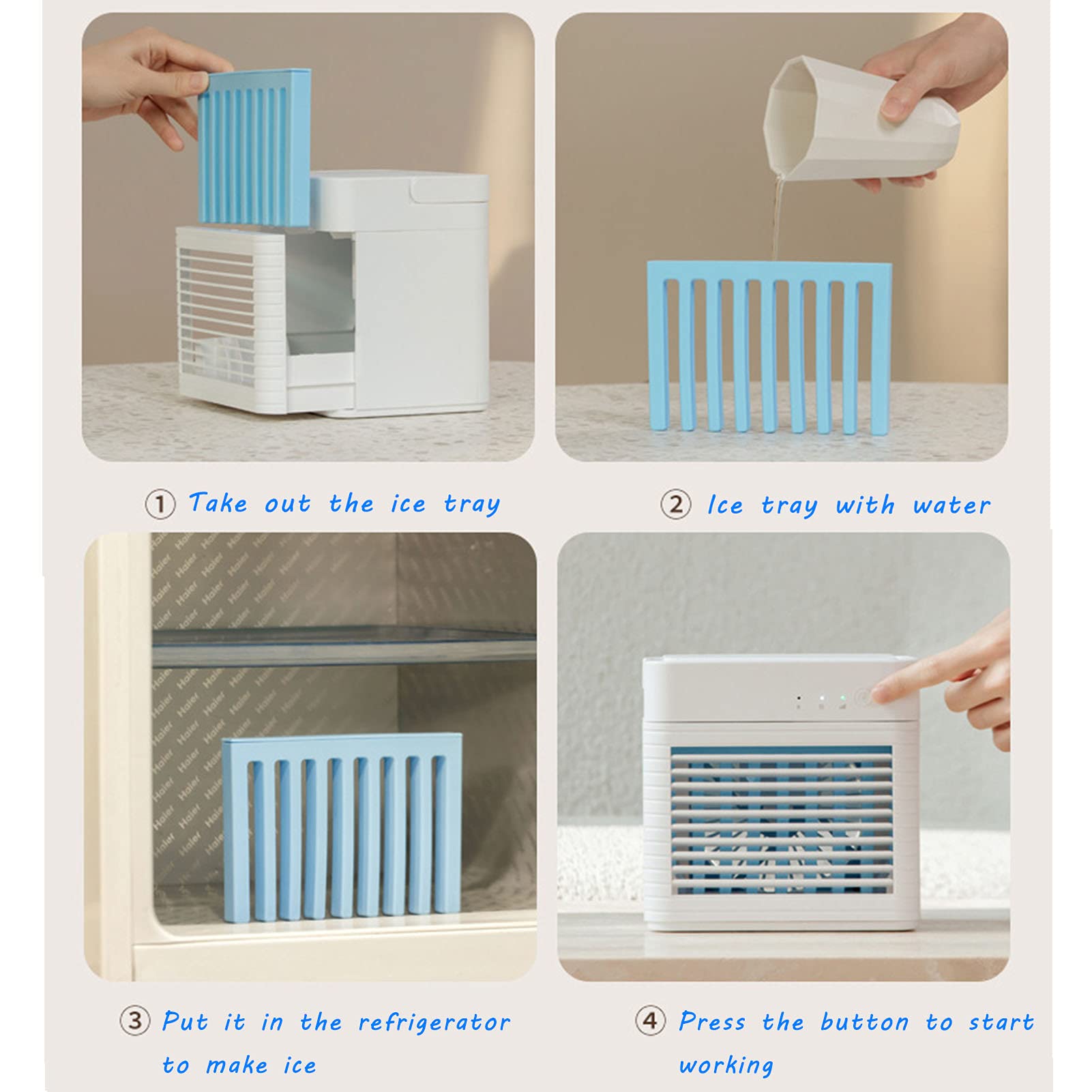 Enfriador Aire Portátil, 3 En 1 Aire Acondicionado, Batería 4000 MAh, con 3 Velocidades, Enfriadores Evaporativos, Humidificador Purificador, para Hogar, Oficina, Viajes (White)