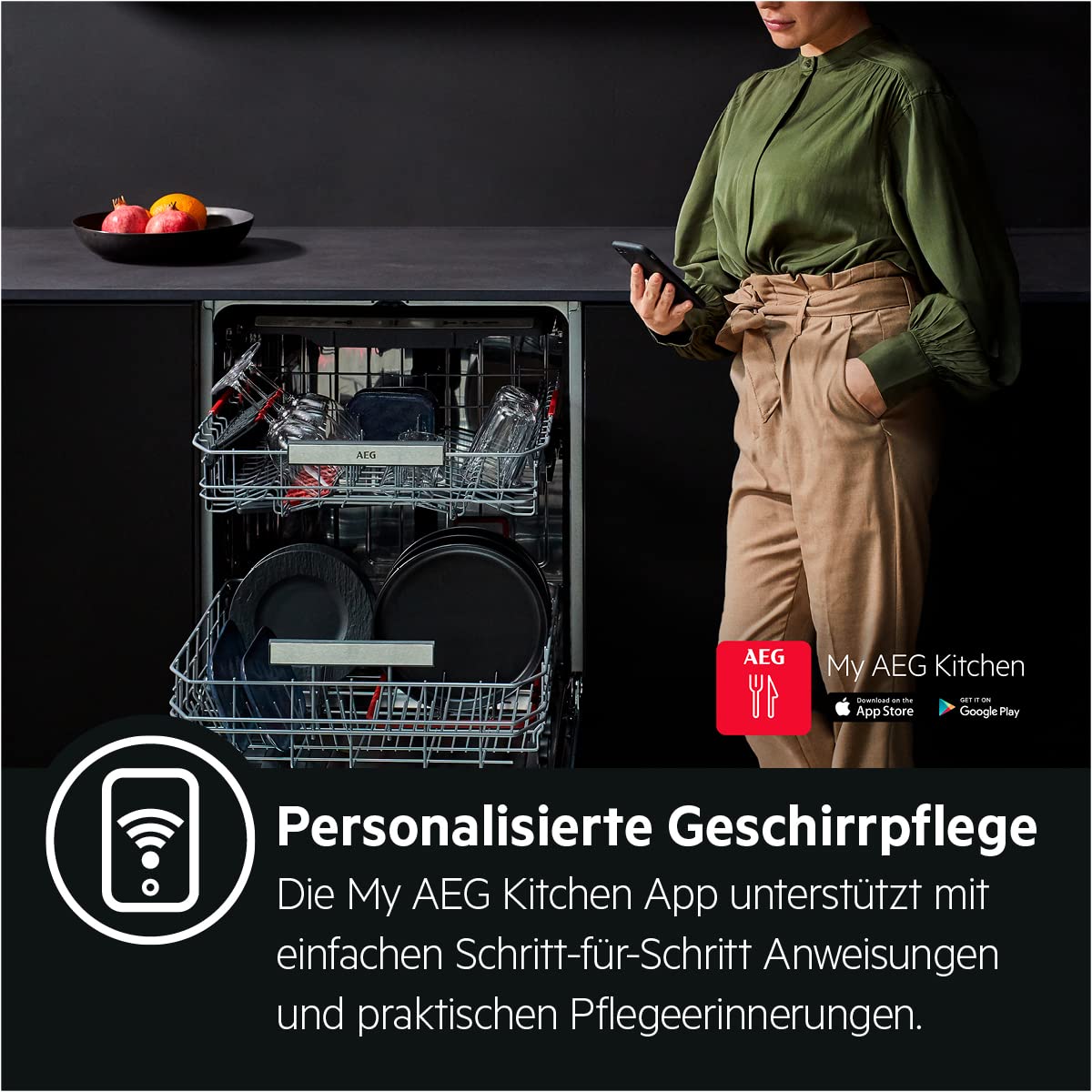 AEG Vollintegrierter Geschirrspüler 60cm, WiFi, Spülmaschine Serie 7000: mit Glasschutz, Energieklasse A-10%, Besteckschublade, Innenbeleuchtung, TimeBeam, 40dB, ComfortRails, 14 MG, FSE7770AP - 5