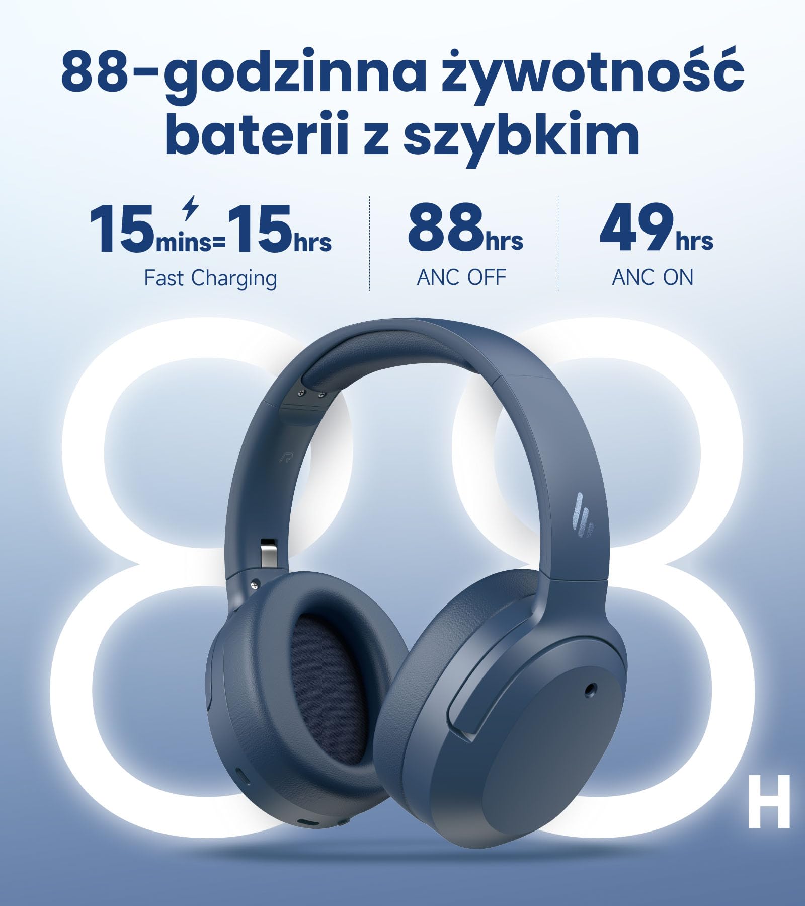 Edifier W820NB Plus Gen 2 bezprzewodowe słuchawki słuchawkowe z redukcją hałasu nad uszami, -49 dB ANC, LDAC Hi-Res Audio, czas odtwarzania 88H, dźwięk przestrzenny, ochrona głośności - Navy