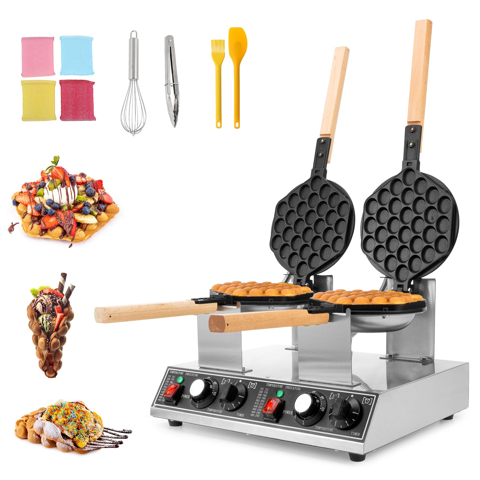 Dyna-Living Commercial Bubble Waffle Maker 1400W&1400W Double-head Egg Puff Waffle Maker Non-stick Hong Kong Egg Waffle Maker Stainless Steel Bubble Waffle Machine, Independent Temp & Time Control