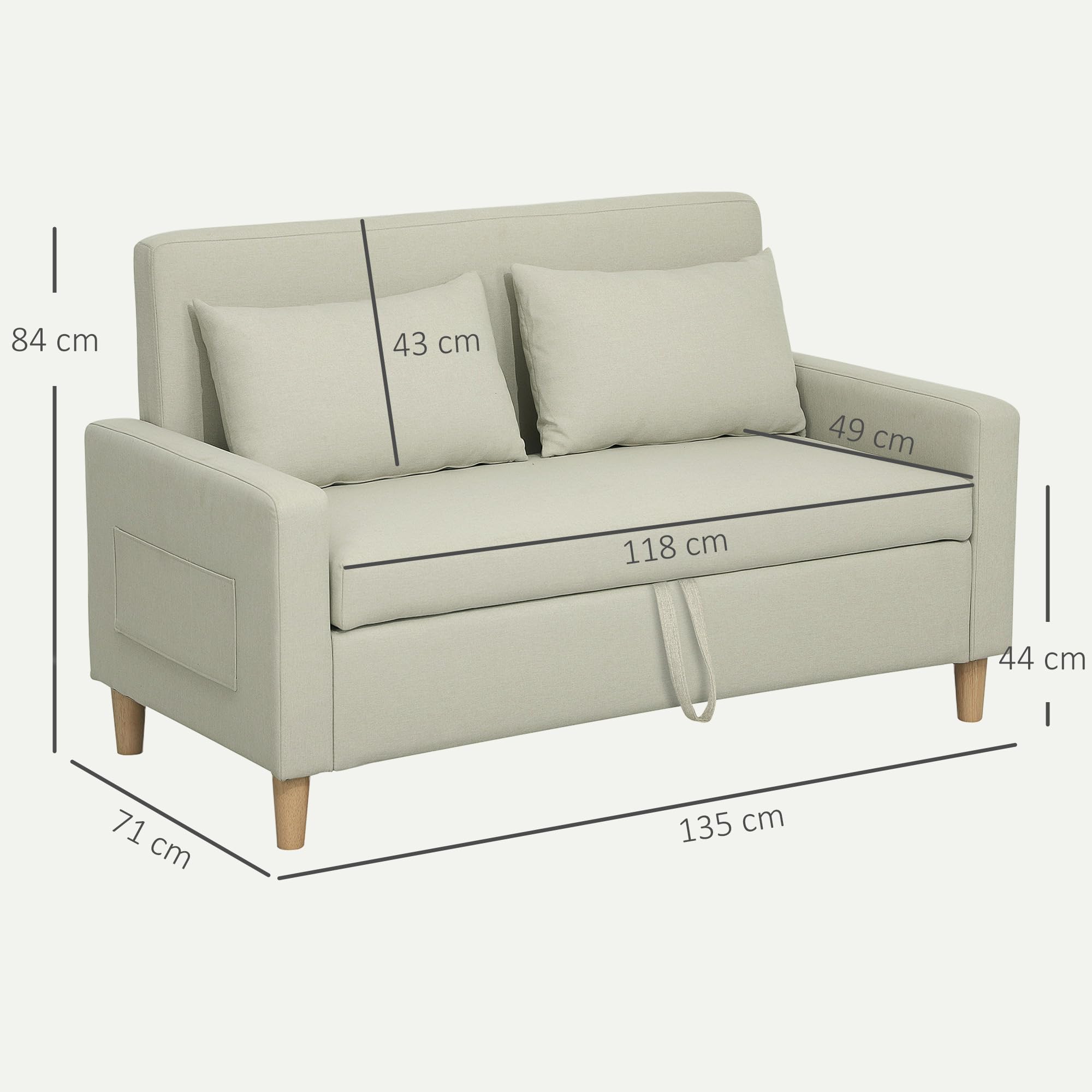 HOMCOM Sofá de 2 Plazas Tapizado en Lino Sintético con Espacio de Almacenamiento Oculto Sofá de Salón con 2 Almohadas Bolsillo y Patas de Madera Carga 240 kg 135x72x84 cm Beige