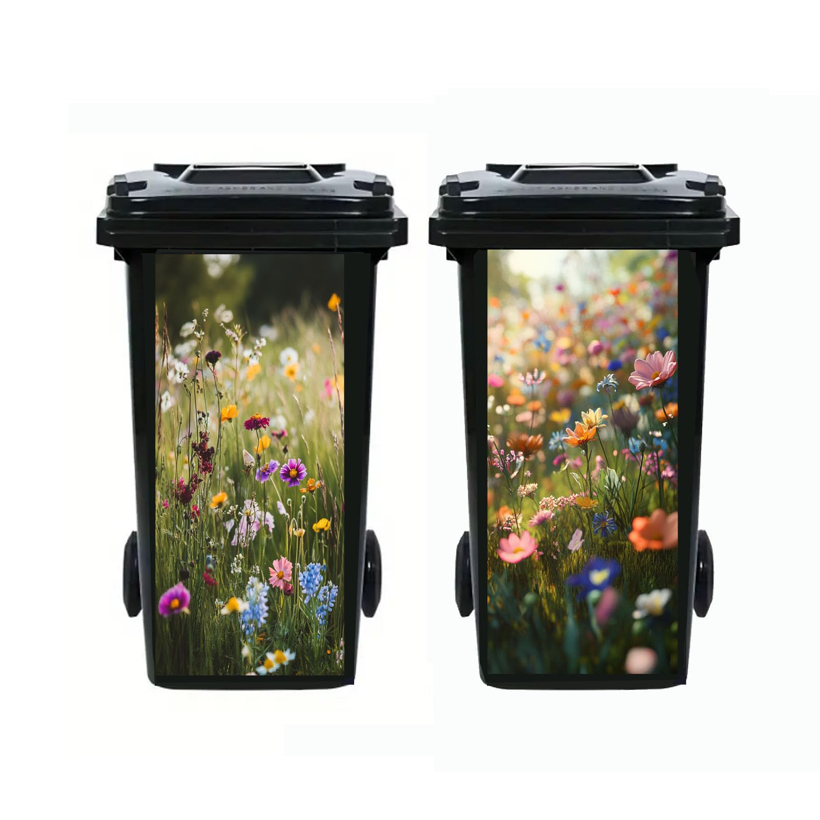 Nouiroy 2Pcs Donkey Dustbin Sticker Decals,14.57×32.28in Raccoon Wheelie Bin Stickers Self Adhesive Panda Peeking Decal for Door Trash Cans Bins Driveway Garden Outdoor Patio Decor (Flowers)