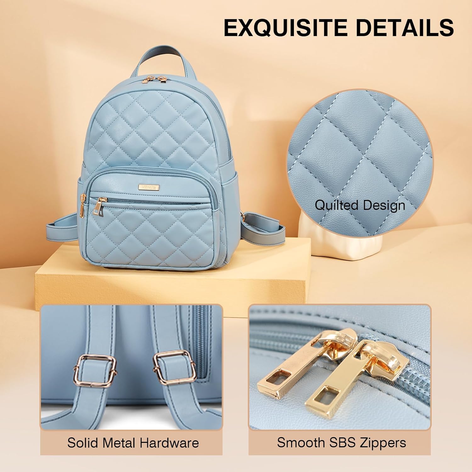 Marvolia Mini Backpack for Women - Vegan Leather Small Fashion Purse for Travel Work Shopping - Light Blue - Image 6