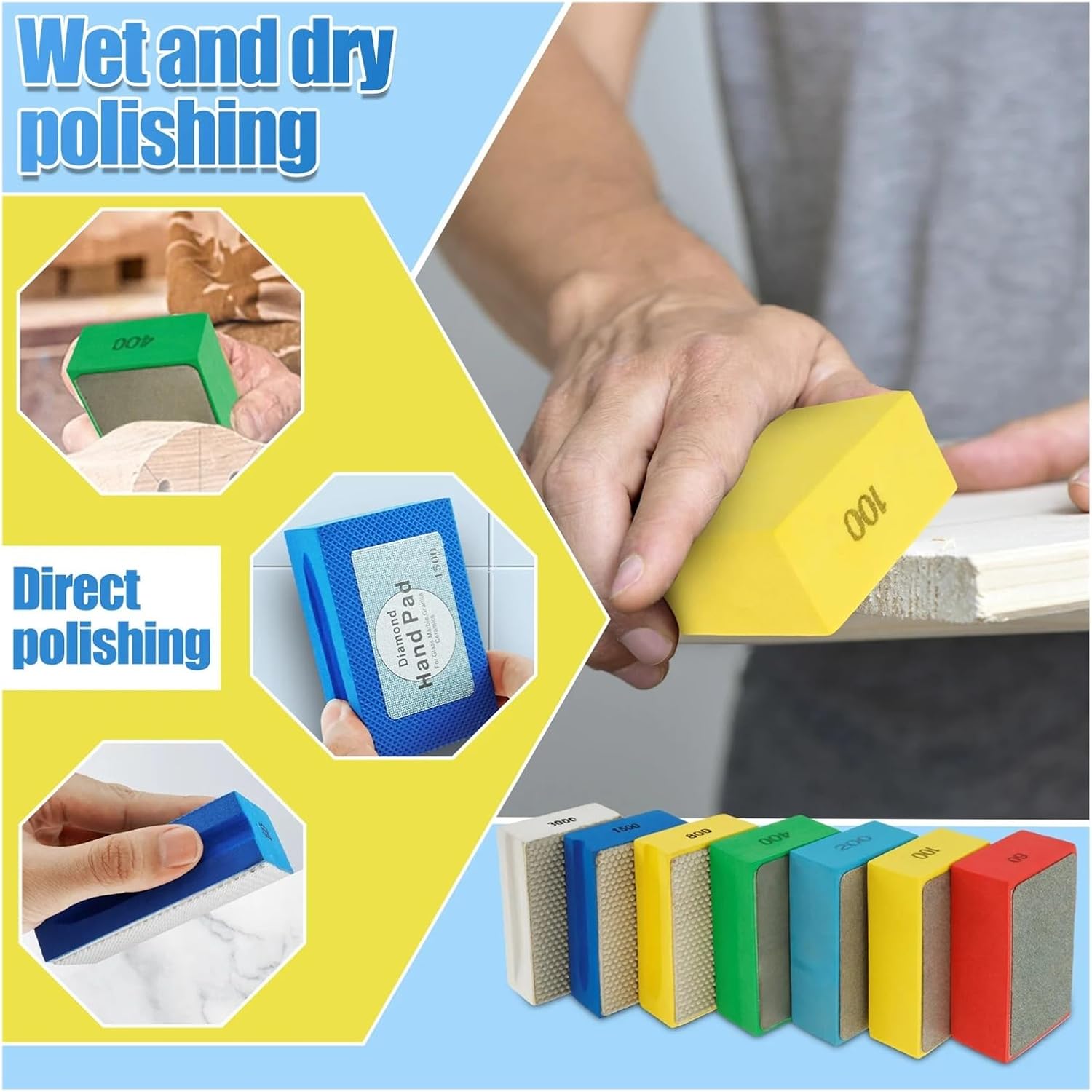 4/7Pcs Diamond Hand Polishing Pads Set Wet Dry Diamond Sanding Block Sponge Backing Diamond Sanding Pads For Stone Glass Metal(7pcs)