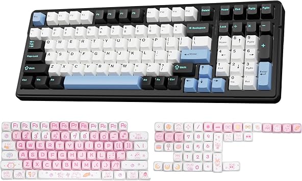 AULA Wireless Keyboard and Keycaps Combo, F99 Full Size Mechanical Keyboard White&Pink Keycap Set
