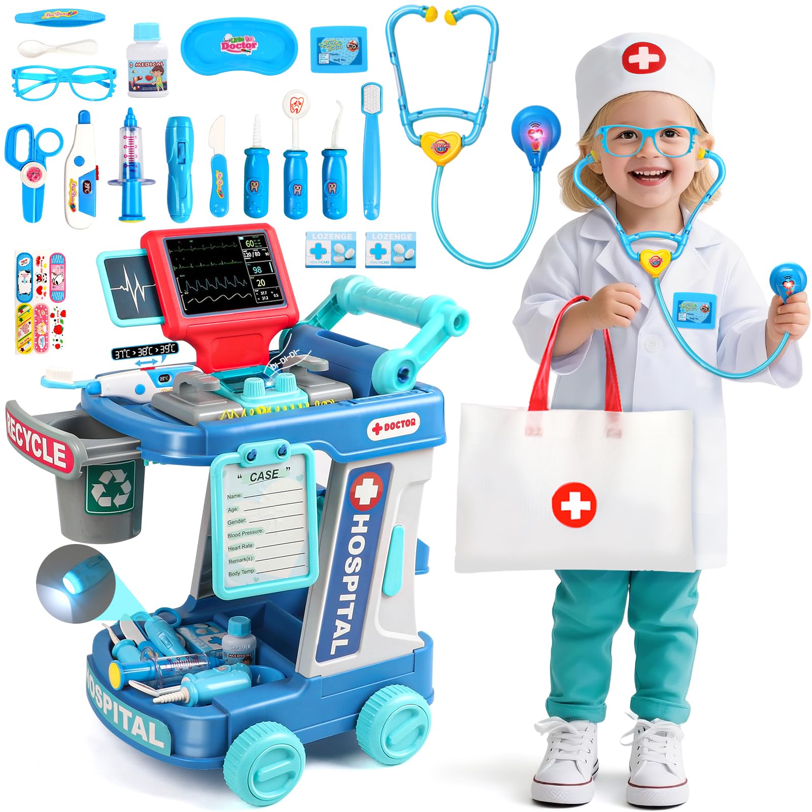Doctor Kit for Toddlers 3-5 Fun Kids Doctor Play Set for 2 3 4 5 Year Old Girls Boys Dress Up Toys with Cart Costume and Stethoscope Dentist Vet Toddler Pretend Play Toys for Birthday Gifts