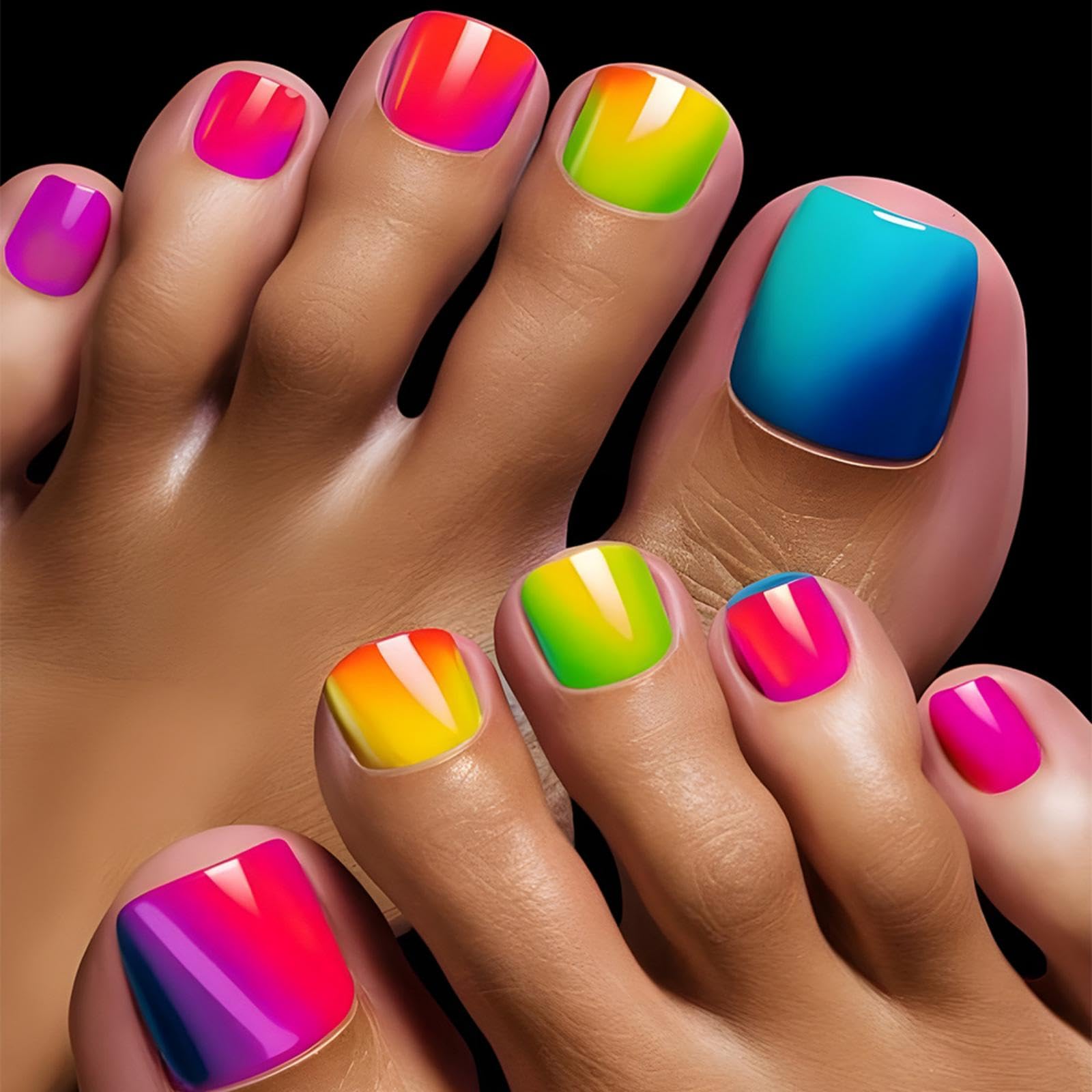 Colorful Press on Toenails Short Square Fake Toe Nails with Ombre Design Glossy Summer False Toenails Cute Spring Stick on Toenail Reusable Full Cover