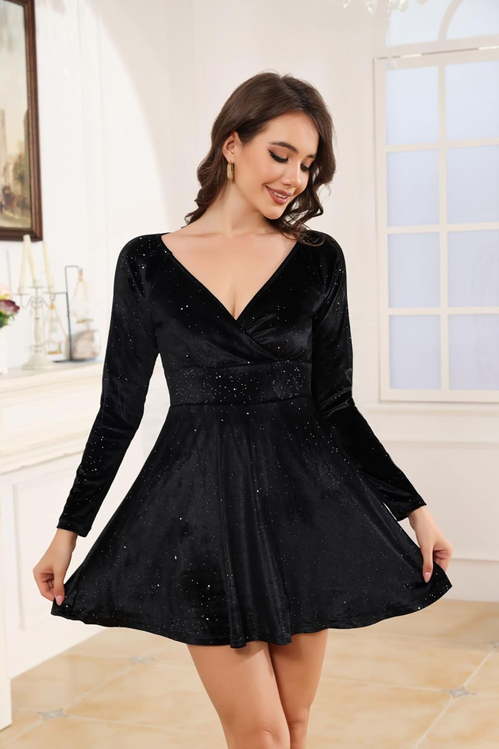 Women’s Sequin Velvet Fit and Flare Mini Wrap V Neck Dress Long Sleeve Party Club A Line Skater Dress - Image 3