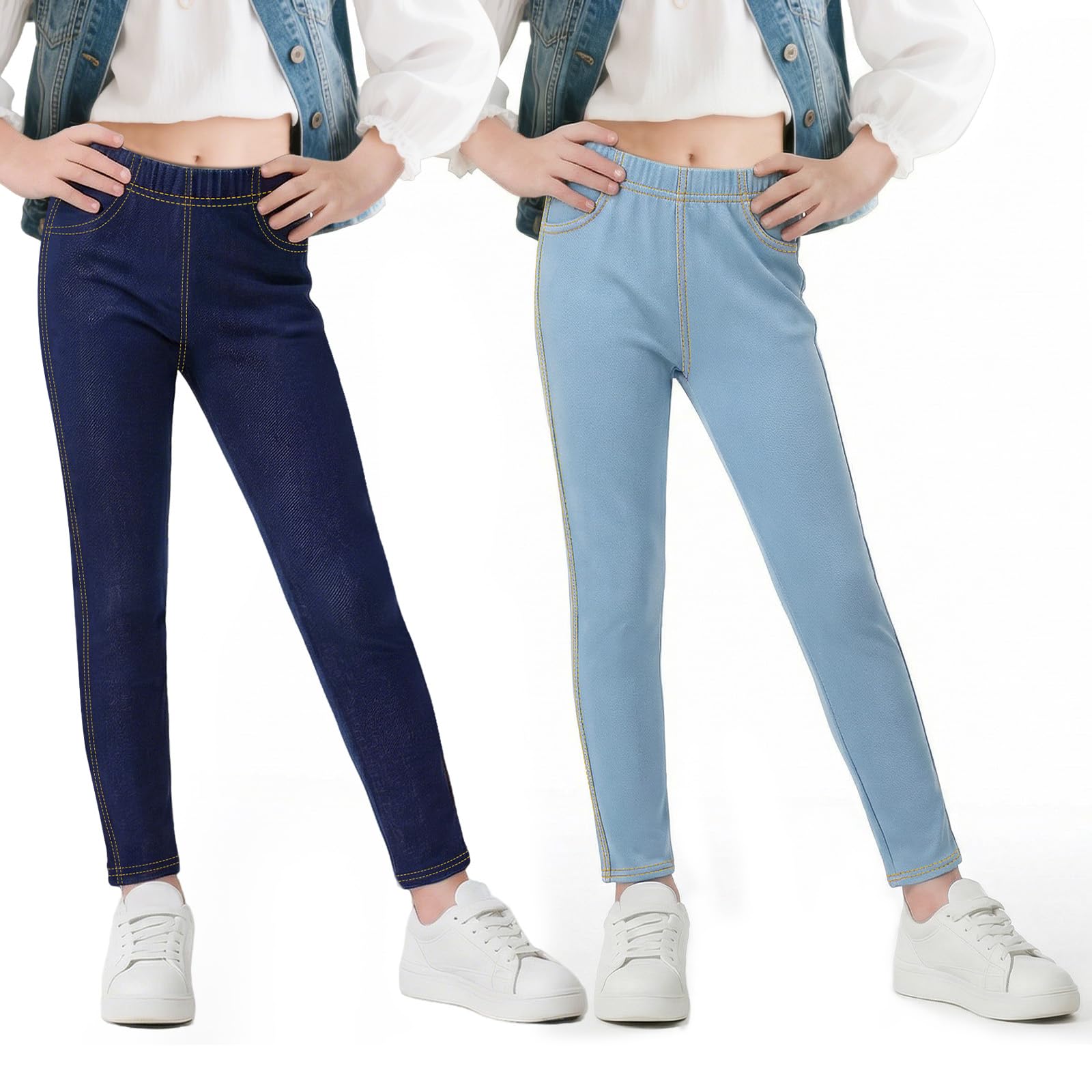 Leggings para Niña, Elásticos Slim Fit Jeggings, Pack de 2, Elásticos Vaqueros Legging, Infantiles Transpirable Cintura Alta Mallas Casual Pantalones Niños Ropa para 6-13 Anos