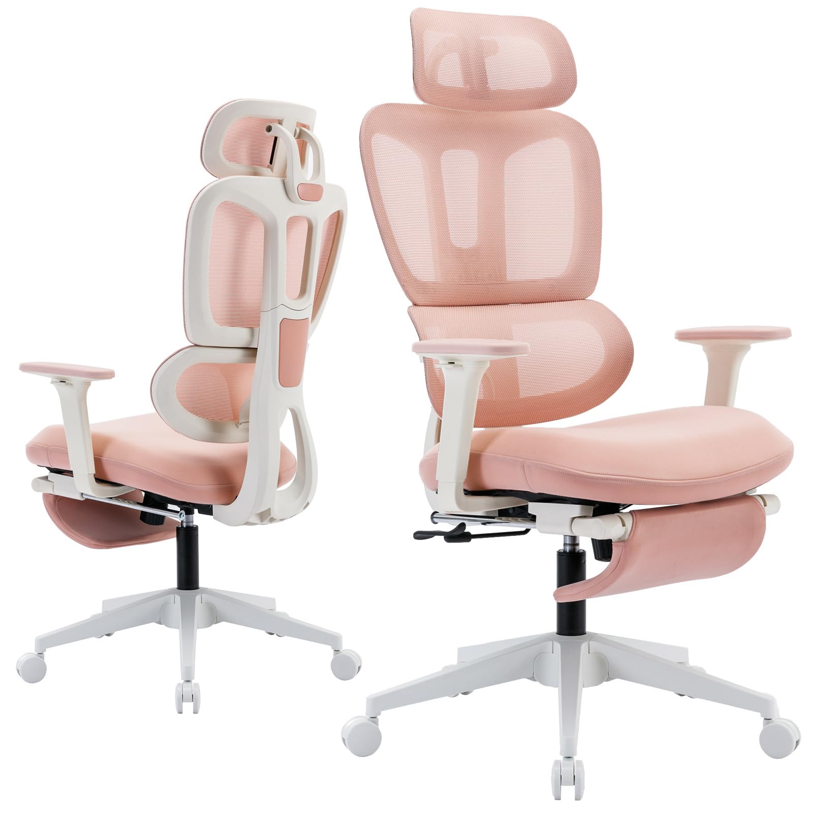 Ergonomic Office Chair with Footrest, High Back Computer Office Chair with Dynamic Lumbar Support, 2D Headrest, 2D Armrest, Sponge Seat, Mesh Home Office Desk Chair for Adults, Pink