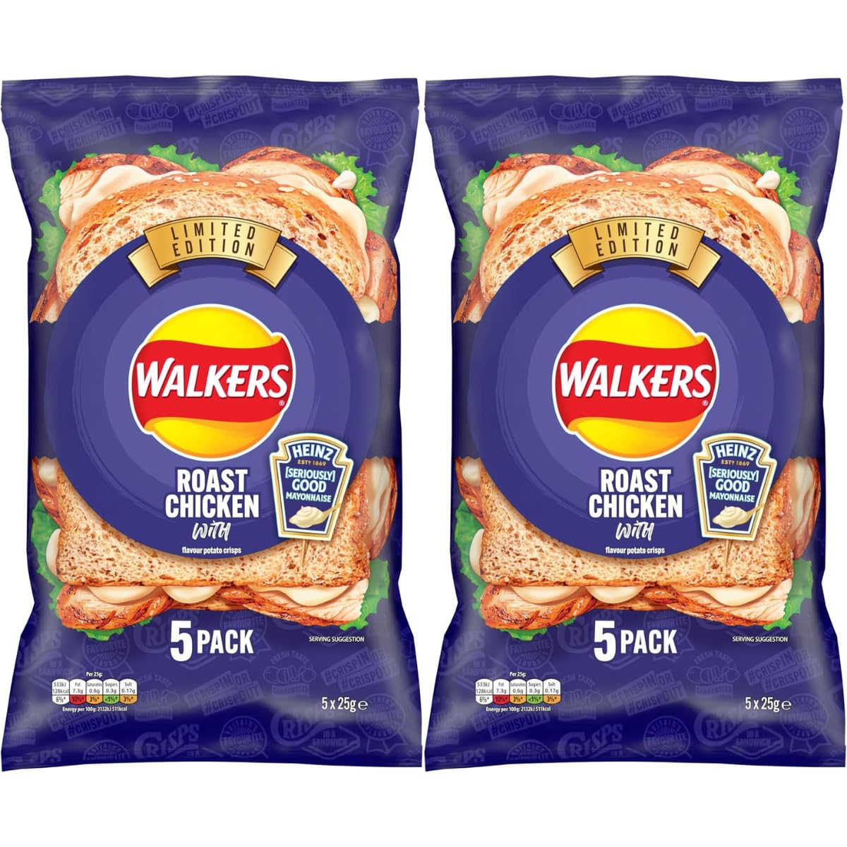 Walkers Roast Chicken with Heinz Mayonnaise Multipack Crisps (5 X 25g) X 2 Pack, 100% Quality lngredients, Fresh Taste Guaranteed, No Added MSG or Artificial Colours, Suitable for Vegetarians