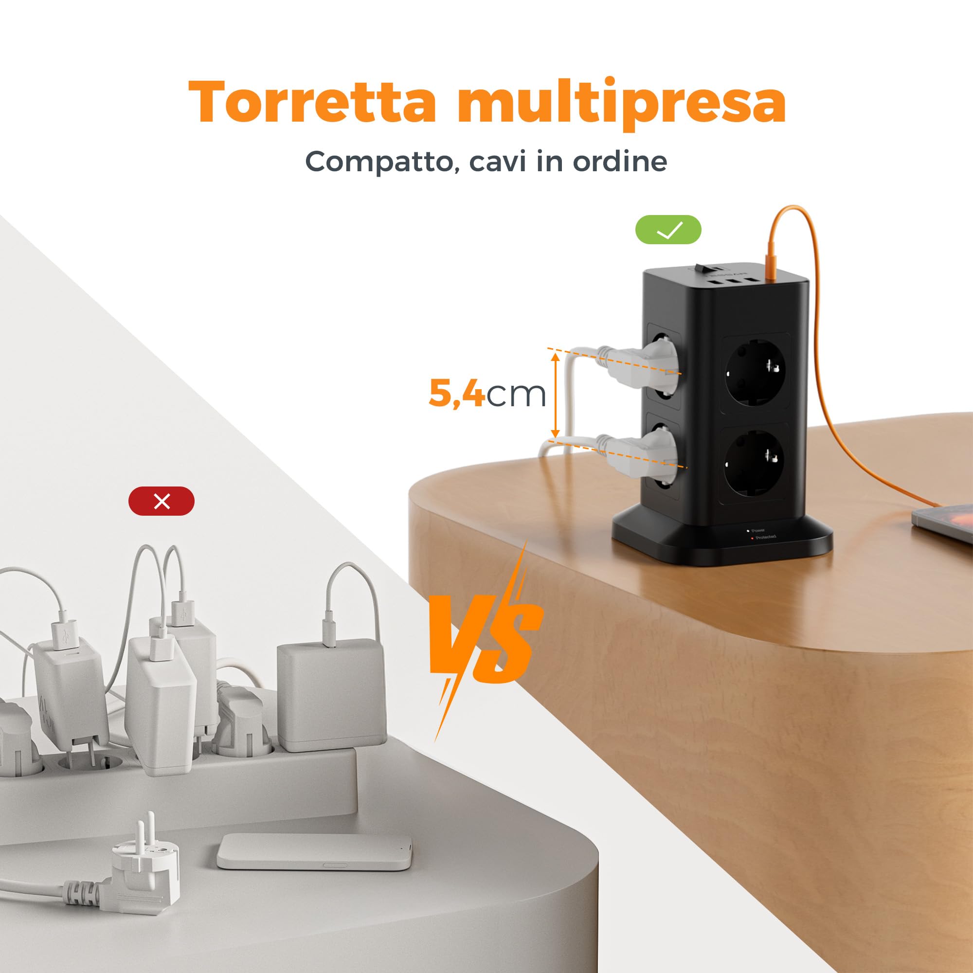 TESSAN Ciabatta Multipresa con 4 USB e 8 Prese, Ciabatta Elettrica Protezione Sovratensione, Torretta Multipresa con Interruttore e Prolunga Elettrica 2 Metri, Nero