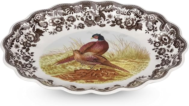 Spode Woodland Oval Fluted Porcelain Serving Dish - Pheasant Design, Elegant Wildlife Tableware for Family Dinners, Holiday Feasts, Appetizers, Desserts, Everyday Entertaining & Timeless British Style