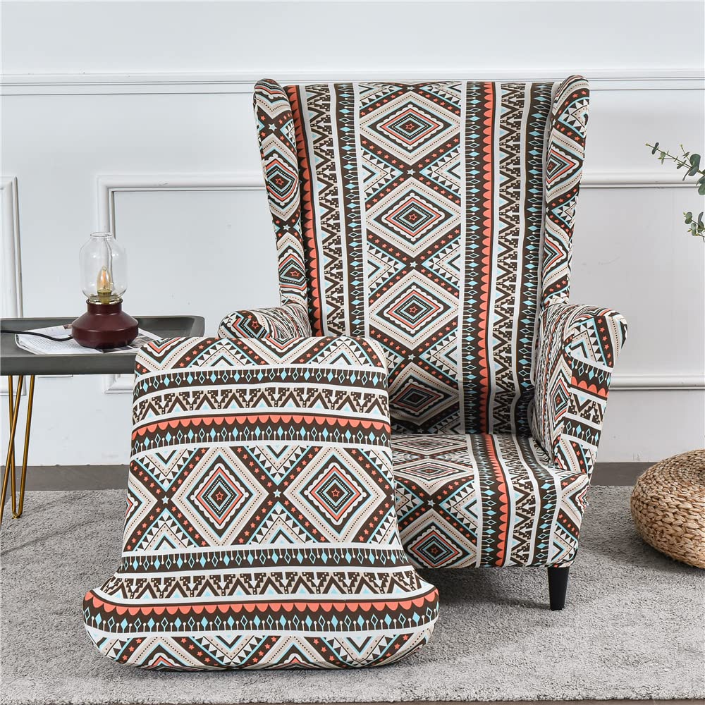 Highdi Boho Geometry Wingback Chair Covers 2 Piece Stretch Wing Chair Slipcover, Washable Spandex Fabric Sofa Cover Furniture Protector For Armchair Chairs Living Room Bedroom Hotel (Boho Geometry)