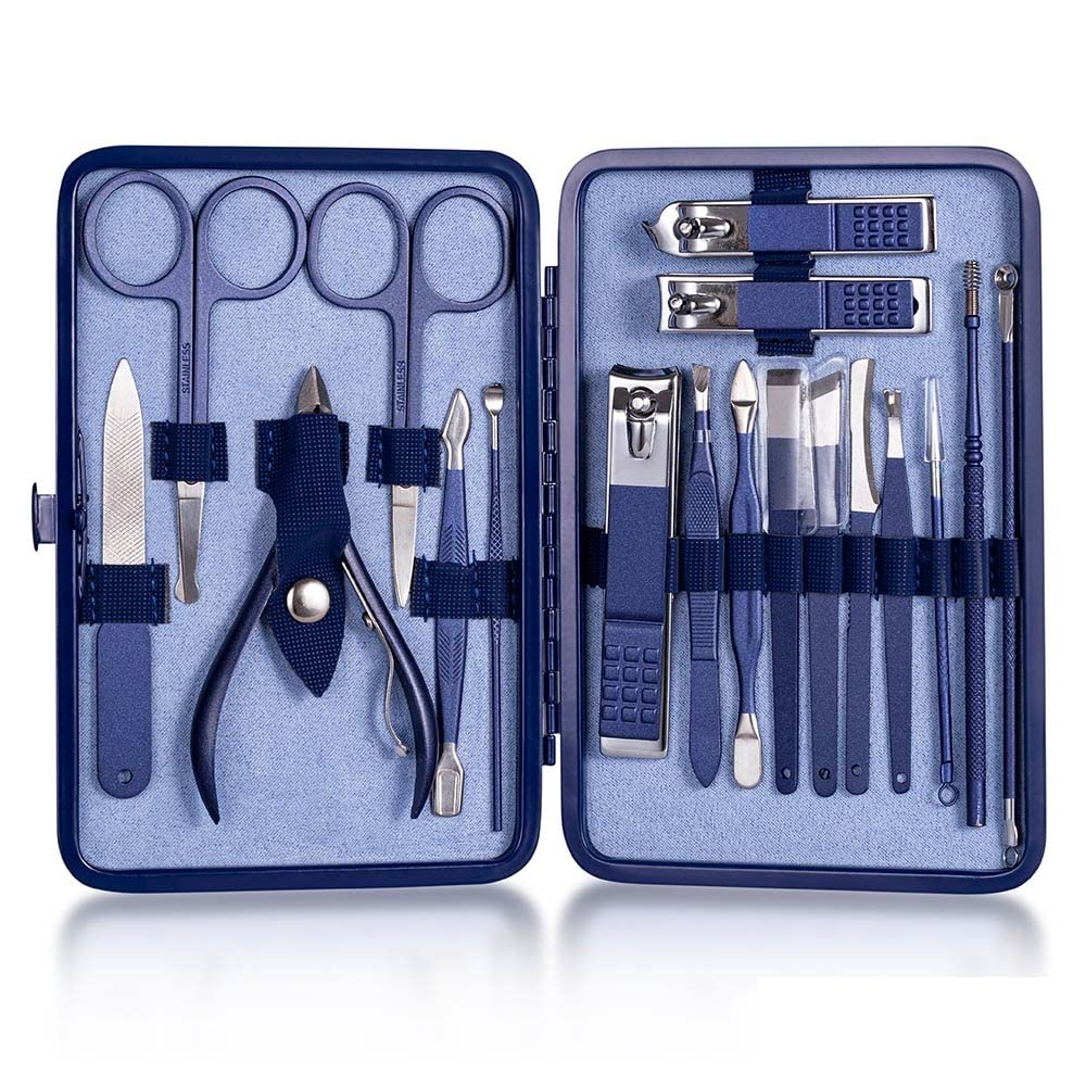 Juego de cortaúñas multifunción, cortador de pedicura, lima de uñas, kit de tijeras con estuche de viaje de acero inoxidable, juego de manicura azul (18 piezas, azul)