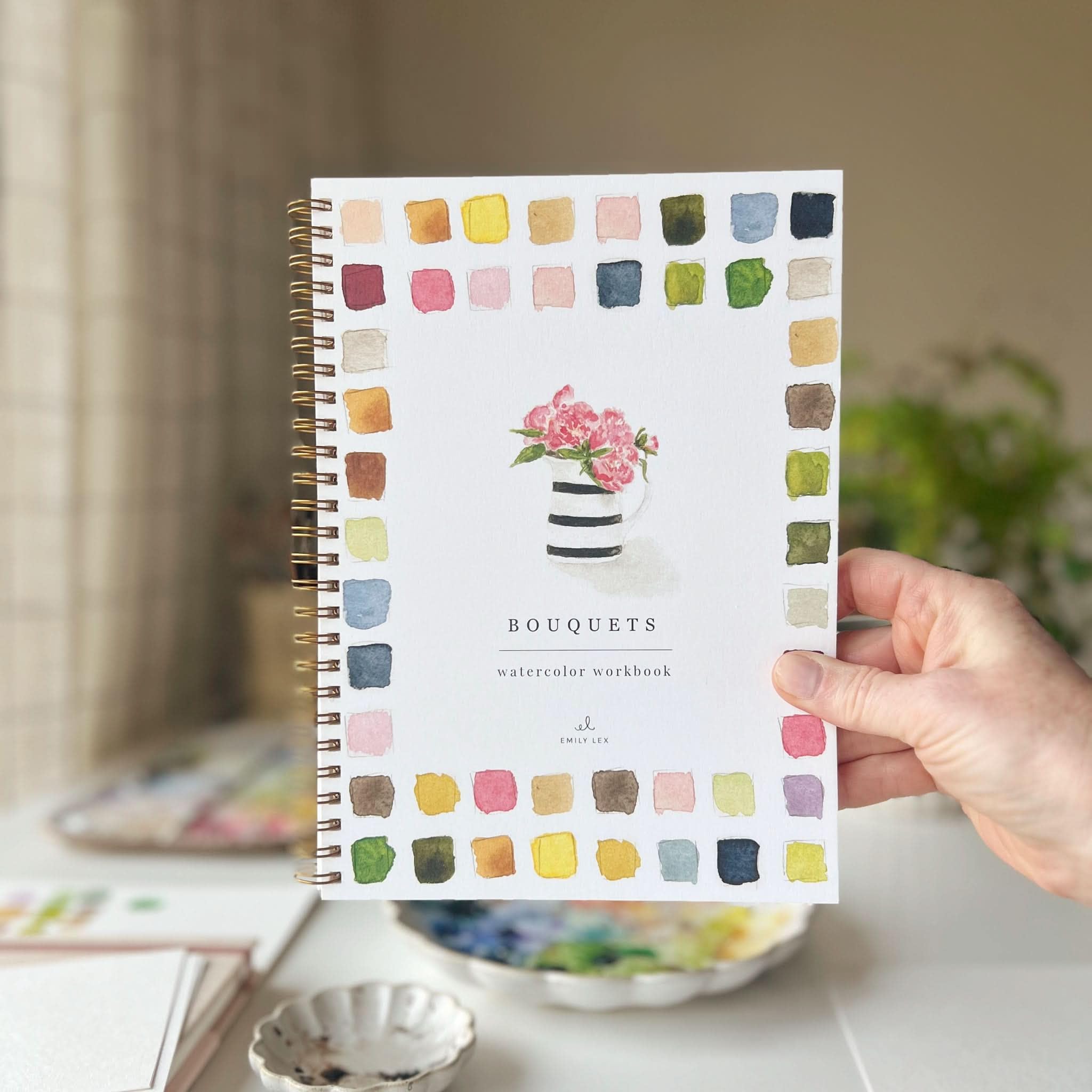 Bouquets Carnet d'aquarelle par Emily Lex Studio, 12 illustrations esquissées adaptées aux débutants, pages à plat en spirale, 16,5 x 22,9 cm, papier aquarelle 120g