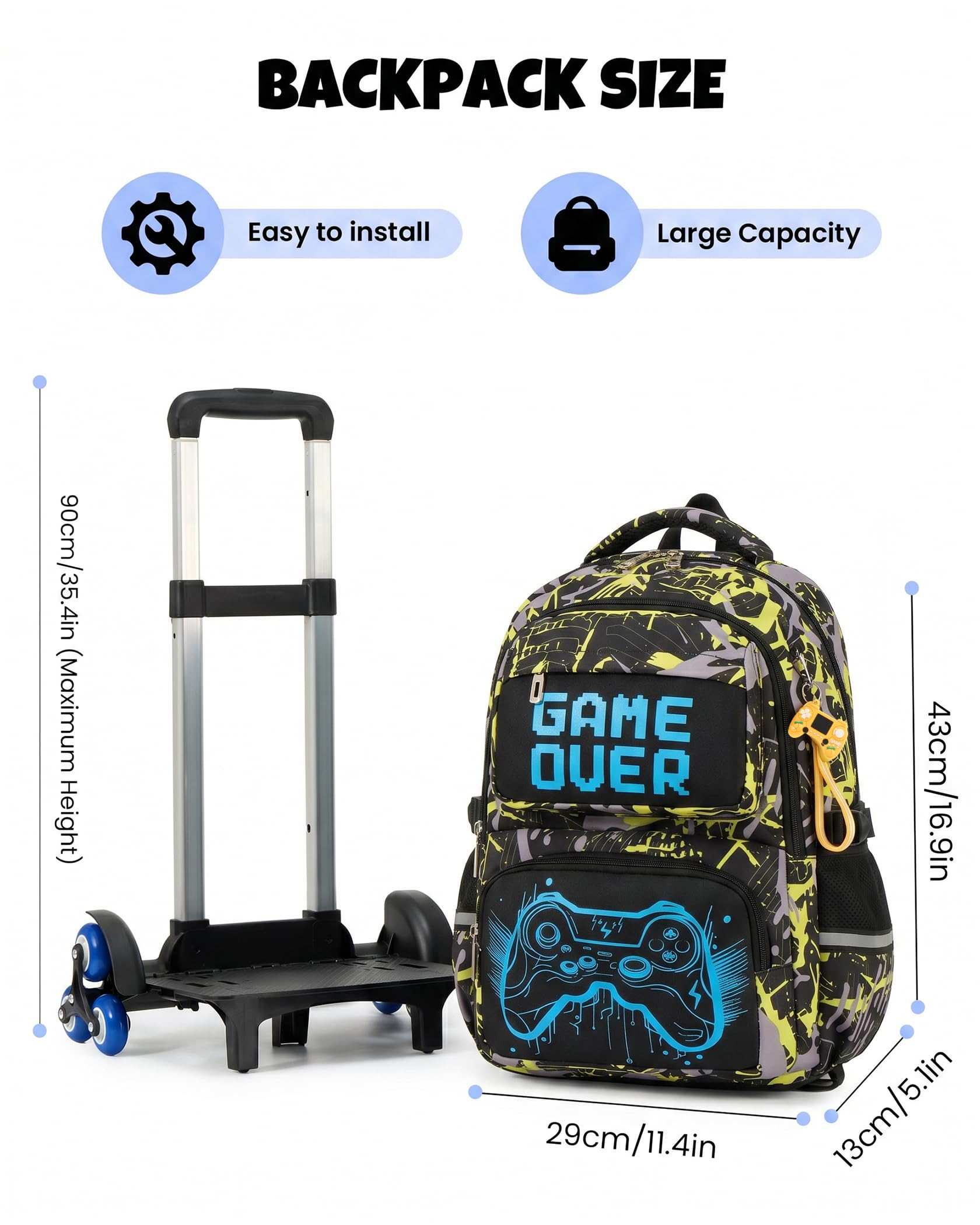 Amythe Zaino Trolley Scuola Ragazzi 8 a 12 anni con 6 Luminoso, Giallo | Impermeabile Grande Riflettente Leggero Giallo Daypack Multitasche Capiente Resistente per Scuola Viaggio Escursione