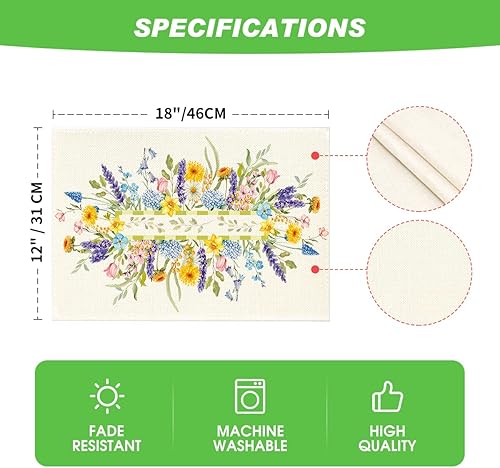 Miniatura 6 de Artoid Mode Bloom Flowers Tulip Spring - Juego de 4 manteles individuales de temporada de 12 x 18 pulgadas para decoración de fiestas, cocina,