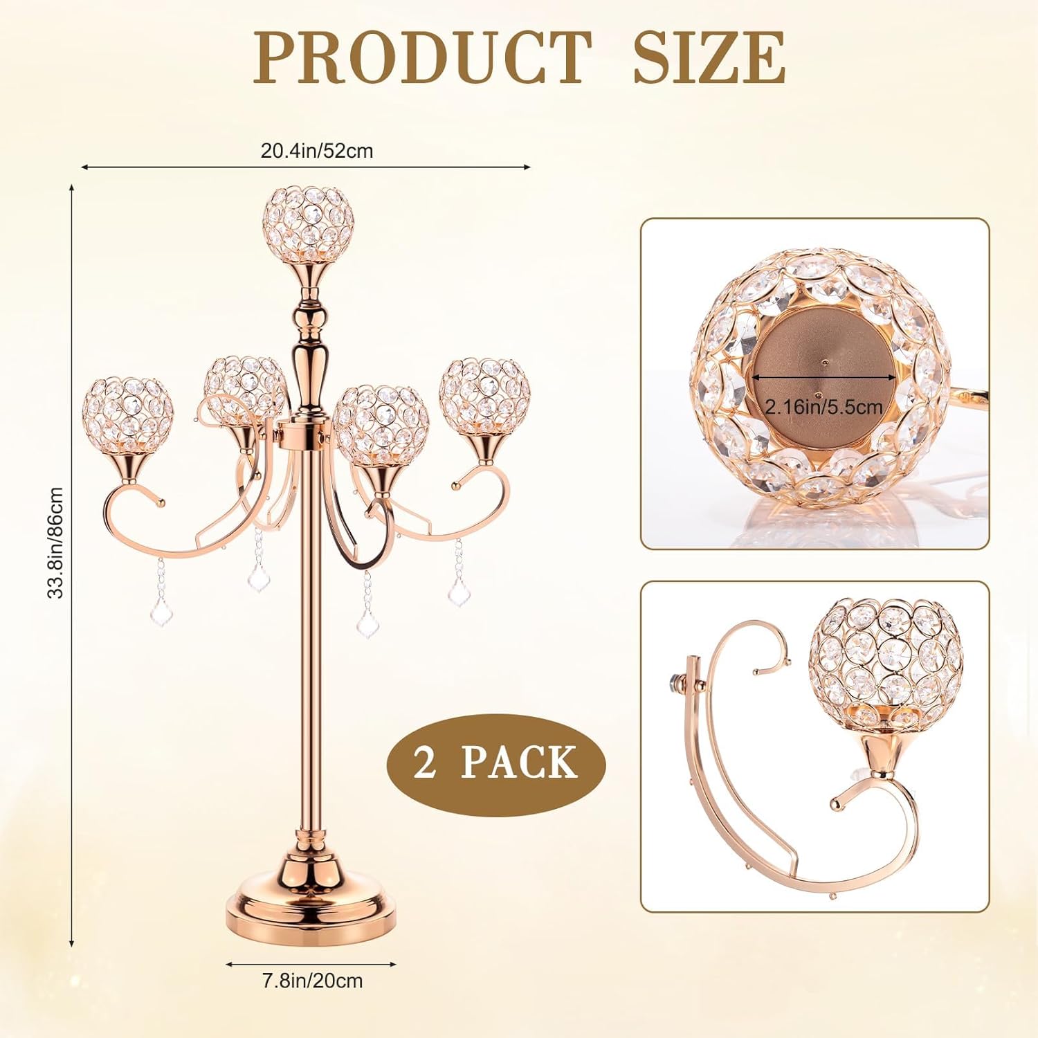 2 Packs 5 Arms Crystal Candelabra for Wedding Centerpiece, 33.8 Inch Tall Gold Floor Candle Holder Set with Chandelier Crystal Beaded, Anniversary Dinner Party Table Decoration Elegantes