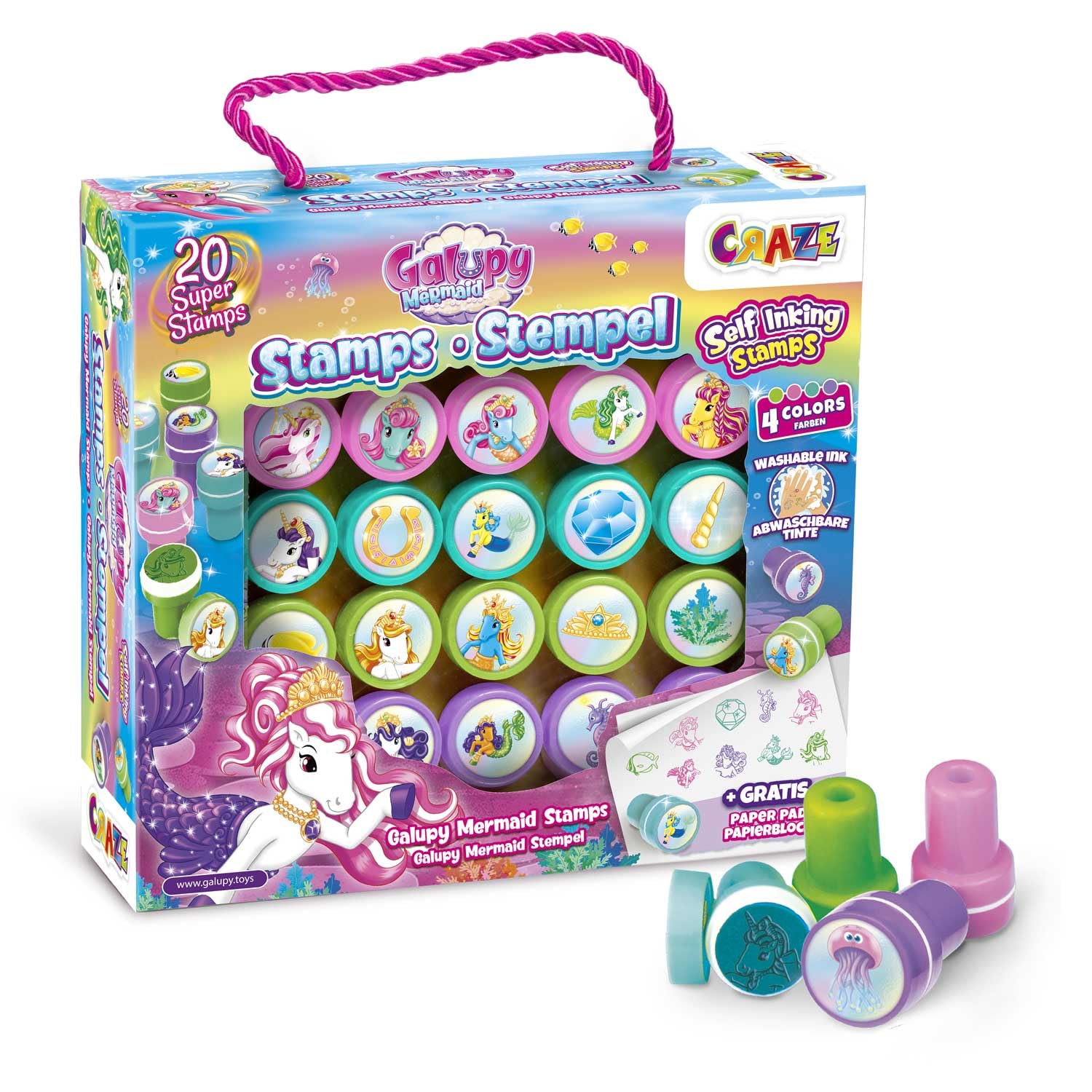 CRAZE 20 x Galupy Mermaid Rubber Stamps for Children, 4 Different Colours, Includes Pad for Painting, Washable Ink