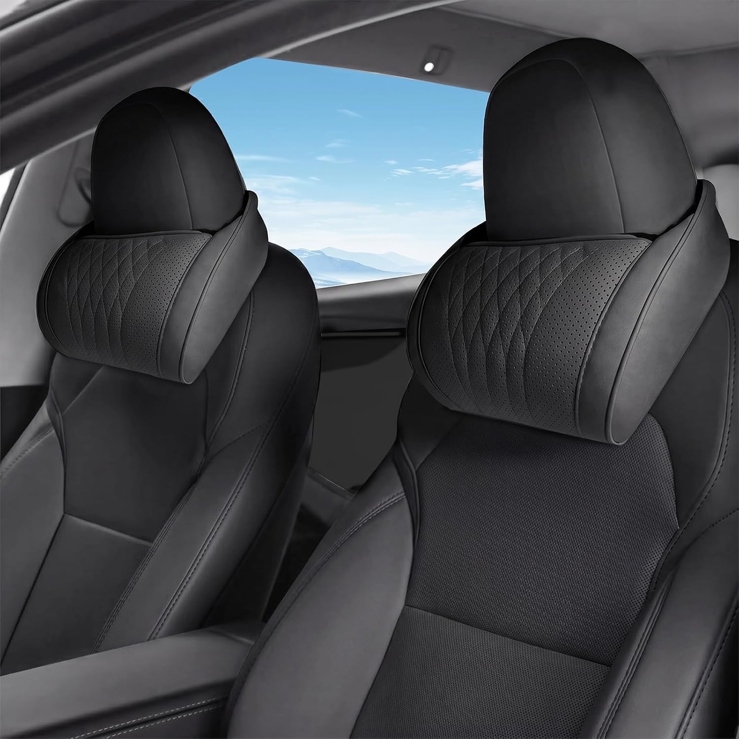 2 PCS Car Neck Headrest Pillow for Tesla Model Y Juniper Model 3 Highland Model S/X/Cybertruck Accessories, Nappa Leather Memory Foam Neck Support for People Above or Below 5'7" (Black)