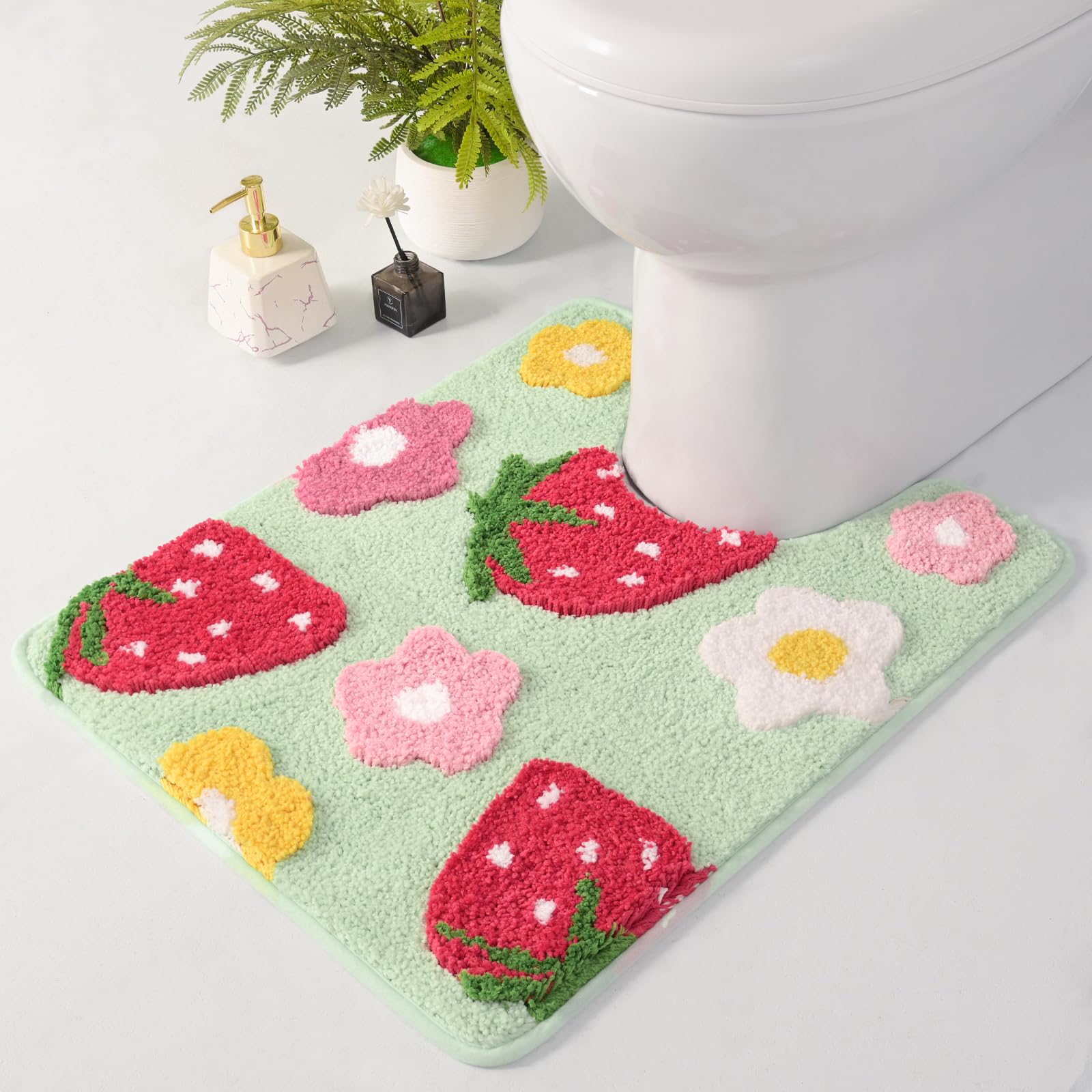 Anybar U-Shaped Toilet Rug 20x24'' - Super Soft Absorbent Bathroom Mat with Cute Strawberry & Flower Design, Non-Slip Quick-Dry Washable Contour Rug