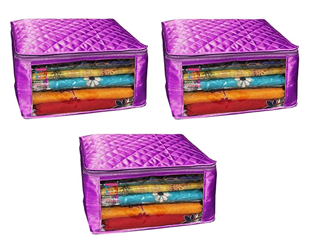 atorakushon Juego de 3 bolsas de tela satinada para almacenamiento de ropa con ventana transparente, extra grande, organizador de ropa para armario, paquete de 3 unidades (morado)
