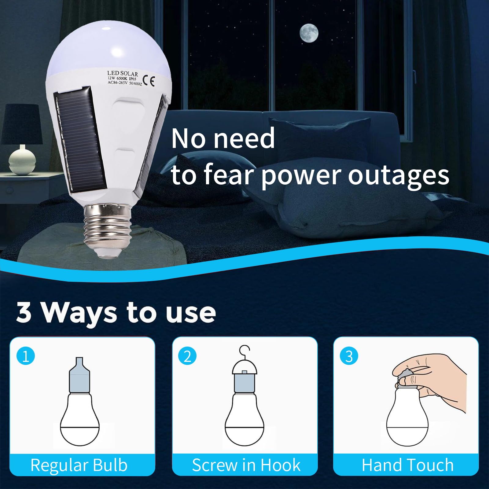 OUKENS Bombilla LED solar, E27 Panel solar portátil Bombilla LED IP65 Impermeable Interior/exterior Senderismo Camping Lámpara de emergencia recargable(12W)