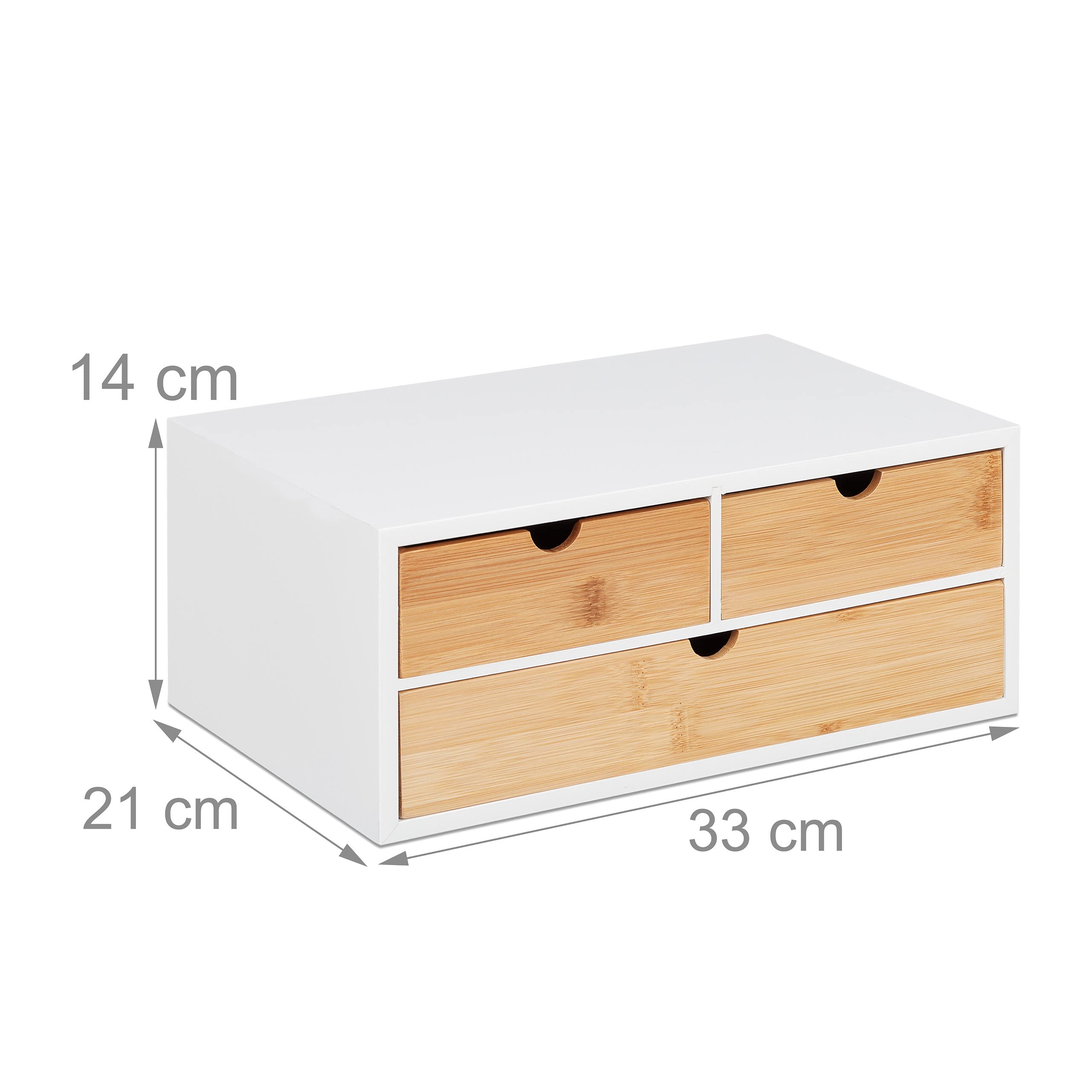 Relaxdays Organizer na biurko, 3 szuflady, na przybory biurowe, wys. x szer. x gł.: 14 x 33 x 21 cm, bambus i MDF, biały/naturalny