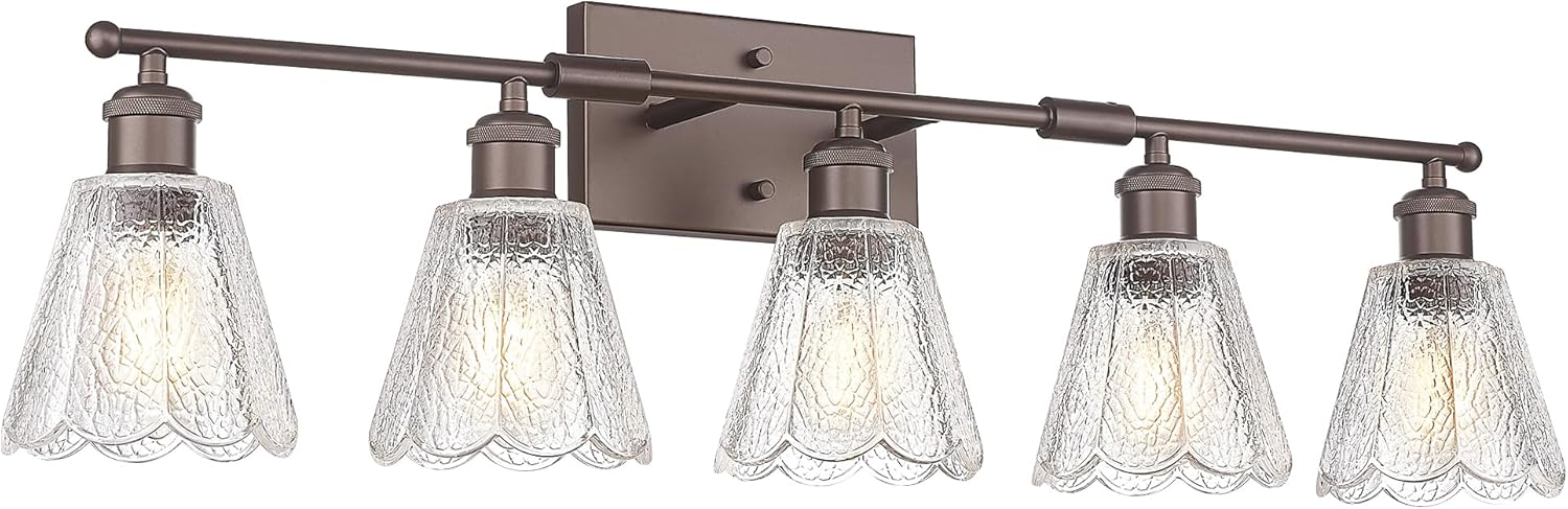 HWH Bathroom Light Fixture, 34 Inch Bathroom Vanity Light Over Mirror with Clear Floral Glass, Oil-Rubbed Bronze Finish, Rustic Vanity Lights for Bedroom, 5HJX110B-5W ORB